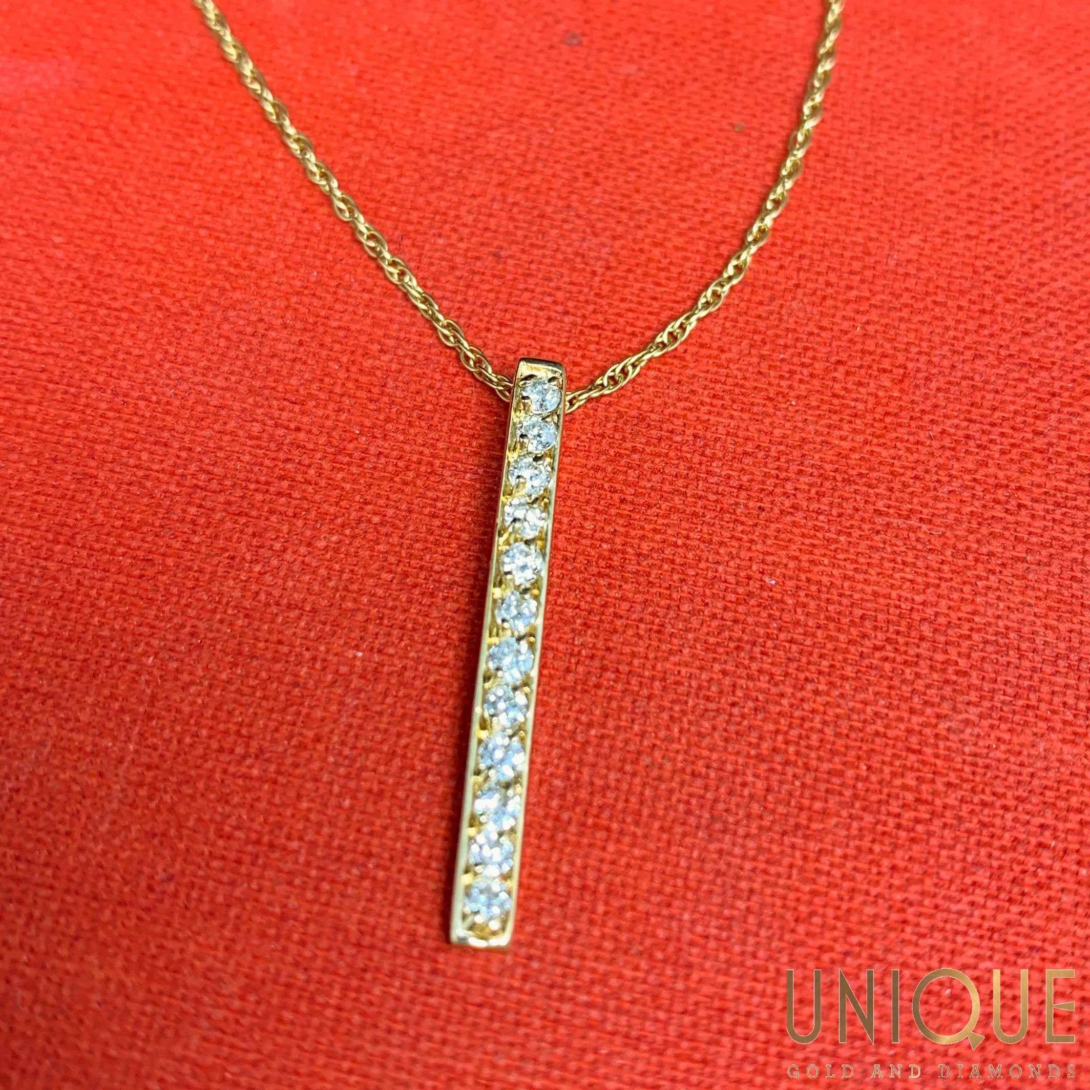 14k Gold Bar With Diamonds on Rope Chain 18 Inch