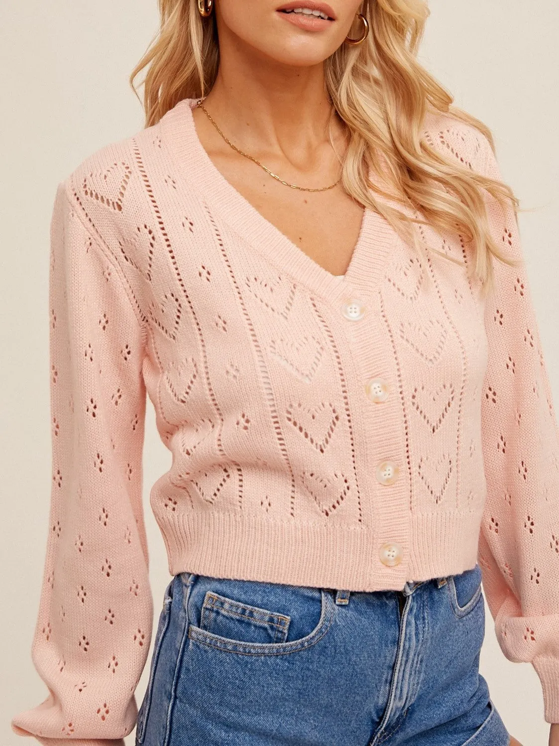 27 Pointelle Knit Heart Cardigan