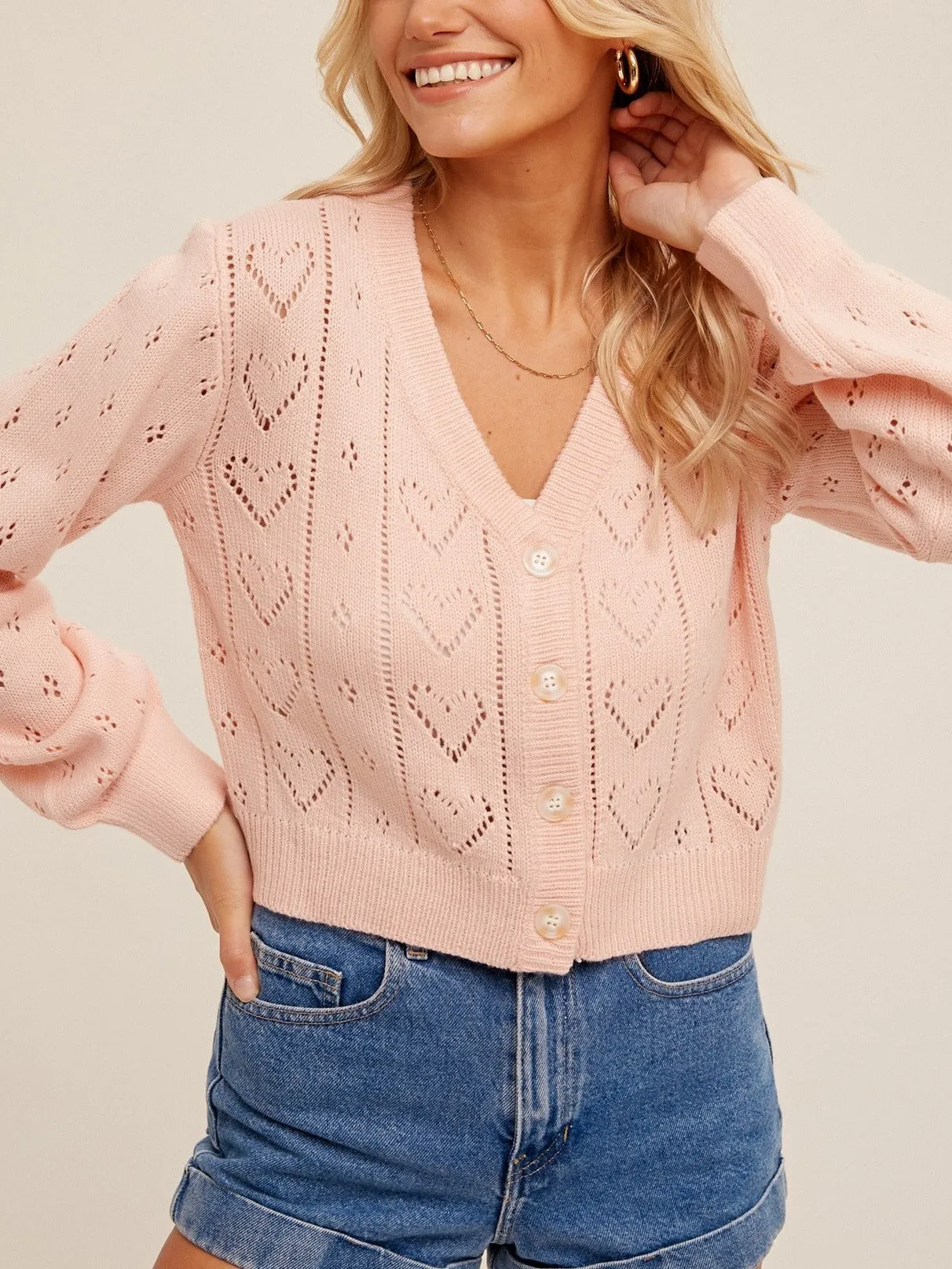 27 Pointelle Knit Heart Cardigan