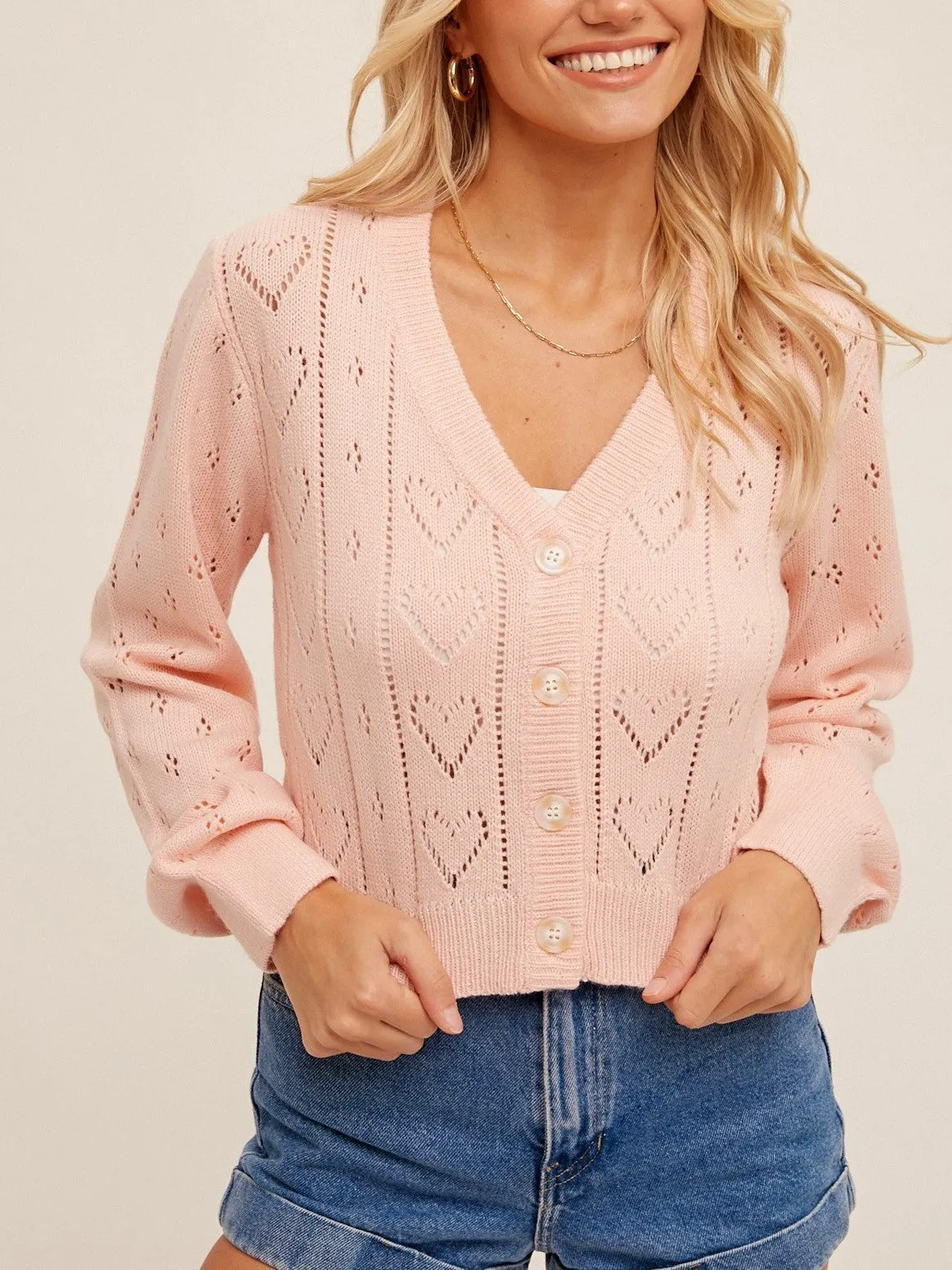 27 Pointelle Knit Heart Cardigan