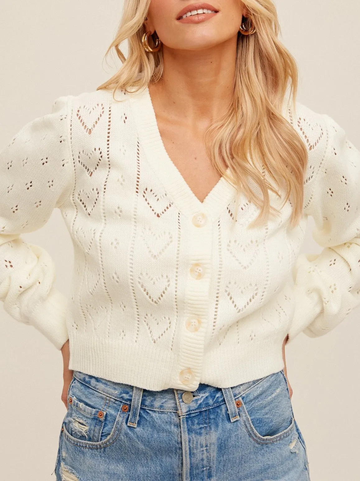 27 Pointelle Knit Heart Cardigan