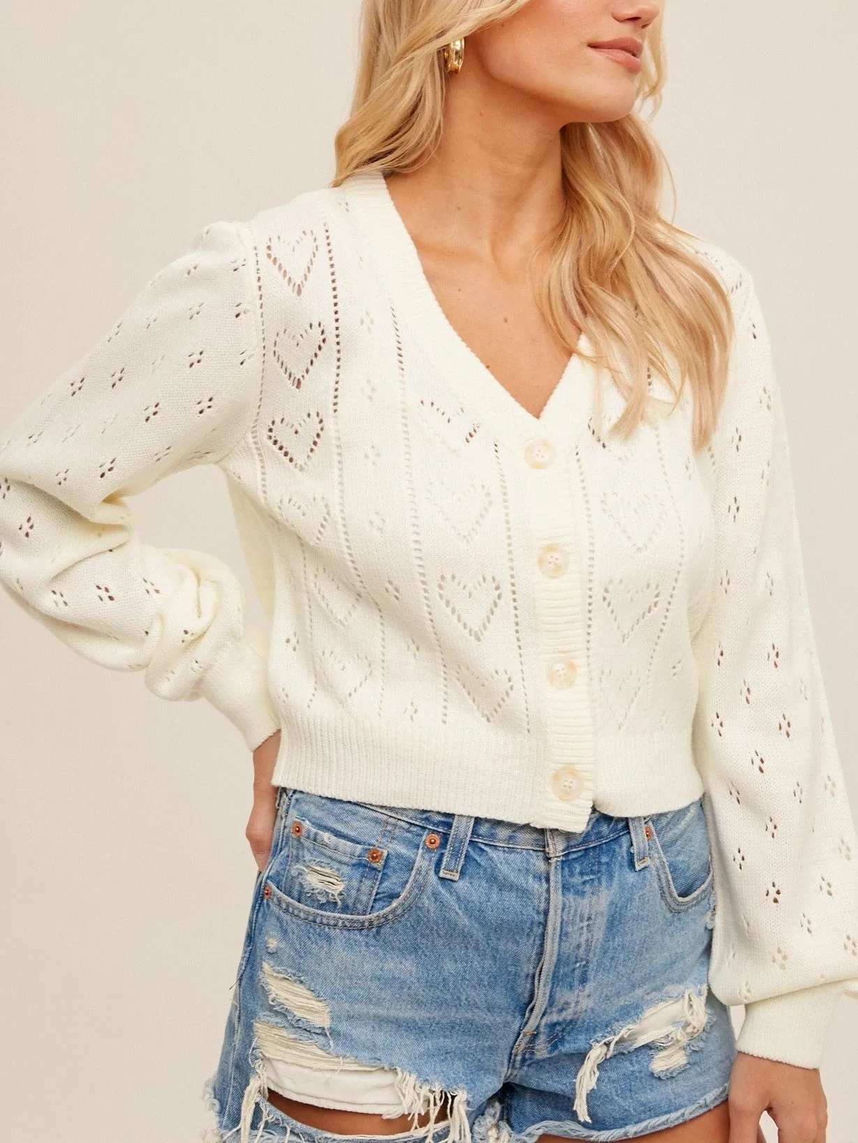 27 Pointelle Knit Heart Cardigan