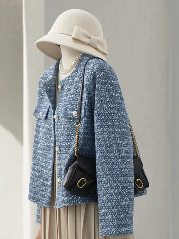 4U4U 2024 spring new style denim jacquard short coat for women niche round neck right shoulder sequined top