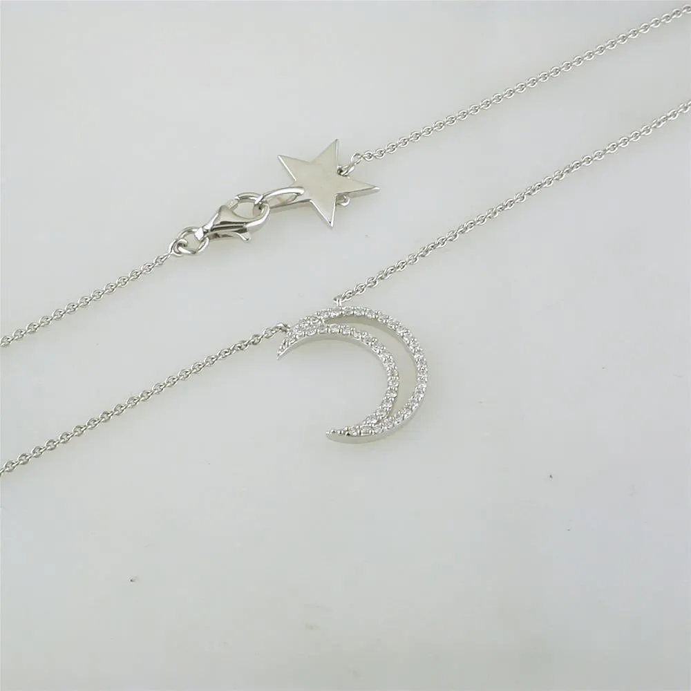 A. Link 18k White Gold Small Diamond Crescent Moon Pendant Necklace