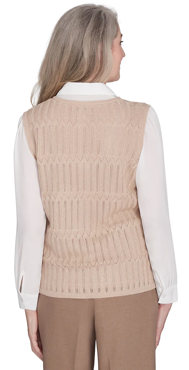 ALFRED DUNNER SWEATER *PETITE* CASHEW VEST POINTELLE