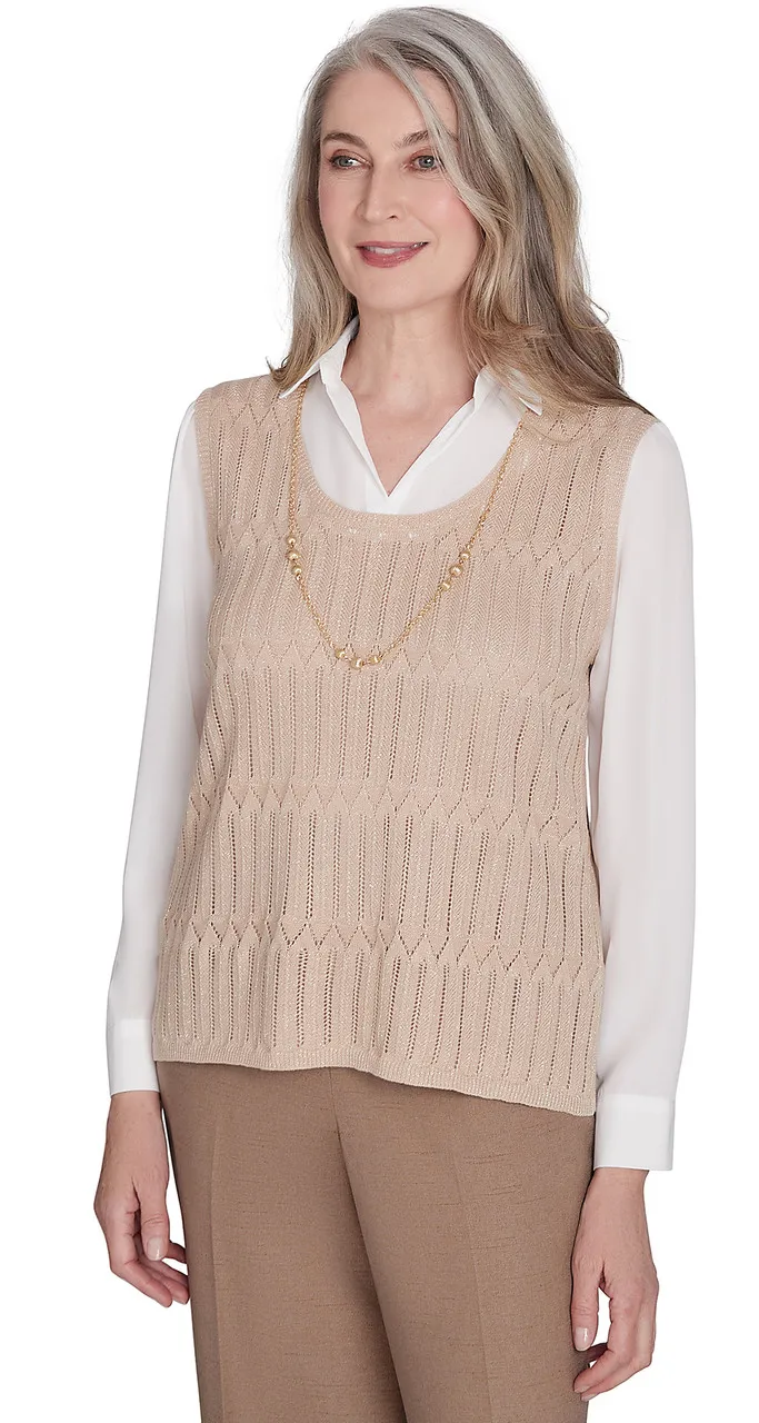 ALFRED DUNNER SWEATER *PETITE* CASHEW VEST POINTELLE