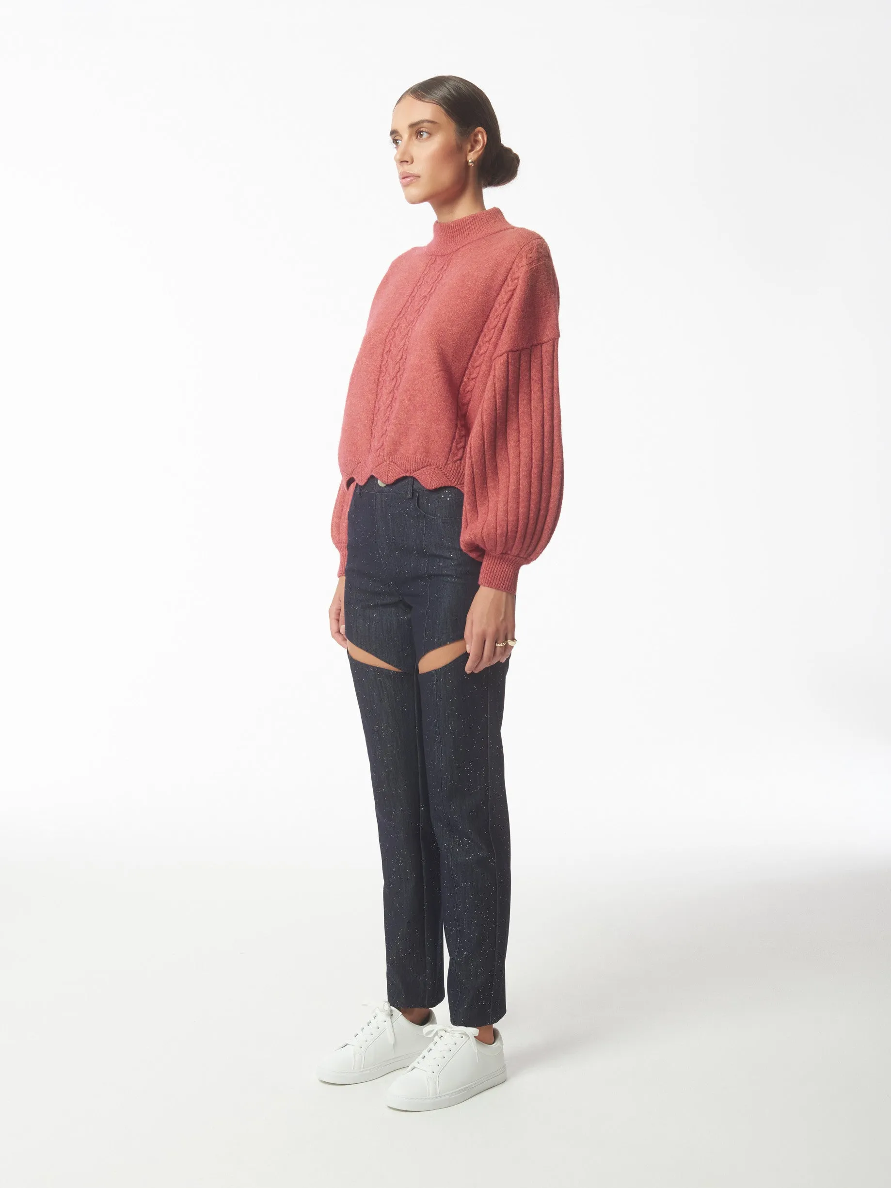 Batwing Sleeves Scallop Edge Knit Jumper in Brick Red