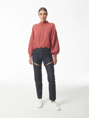 Batwing Sleeves Scallop Edge Knit Jumper in Brick Red