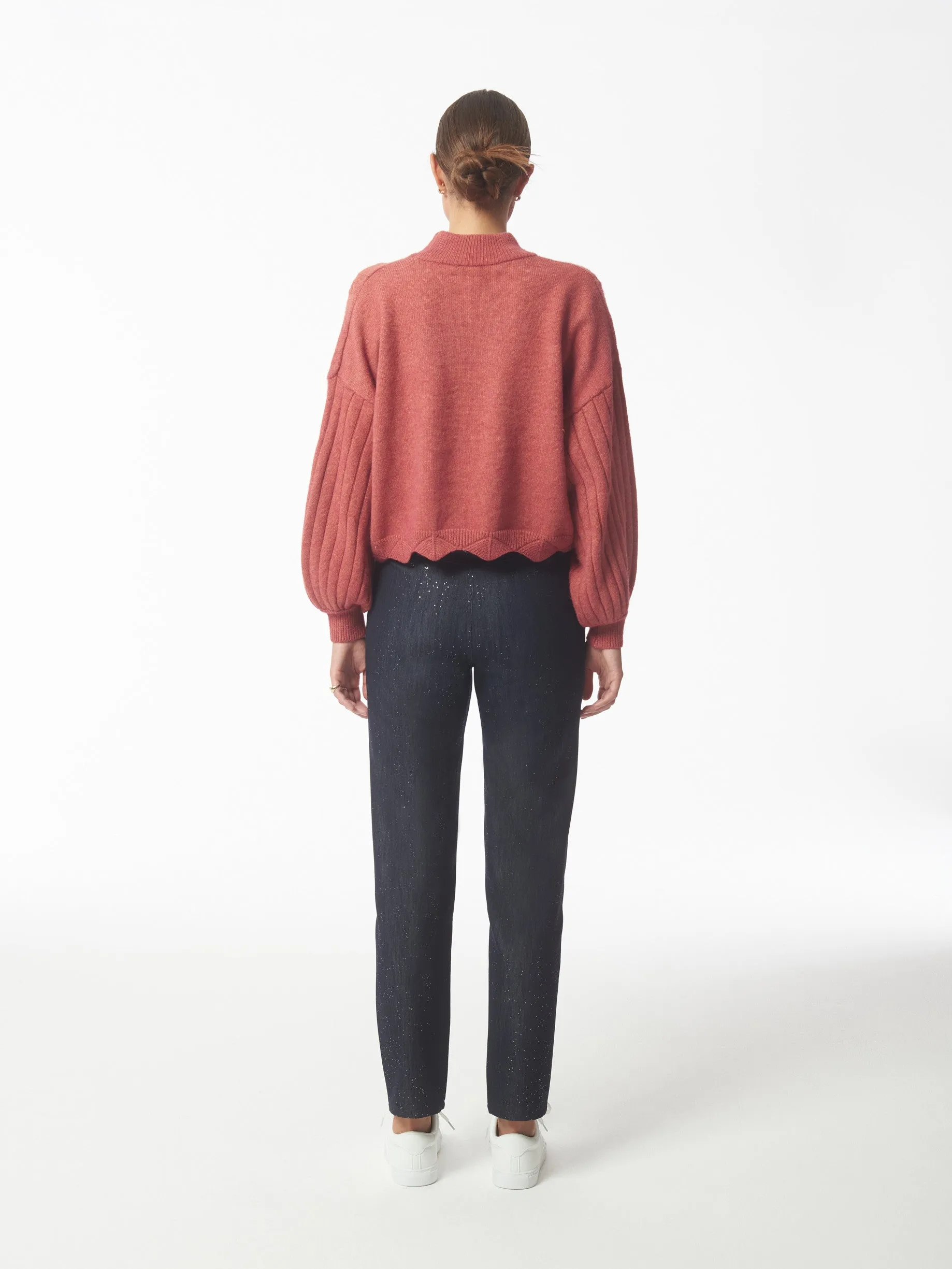 Batwing Sleeves Scallop Edge Knit Jumper in Brick Red