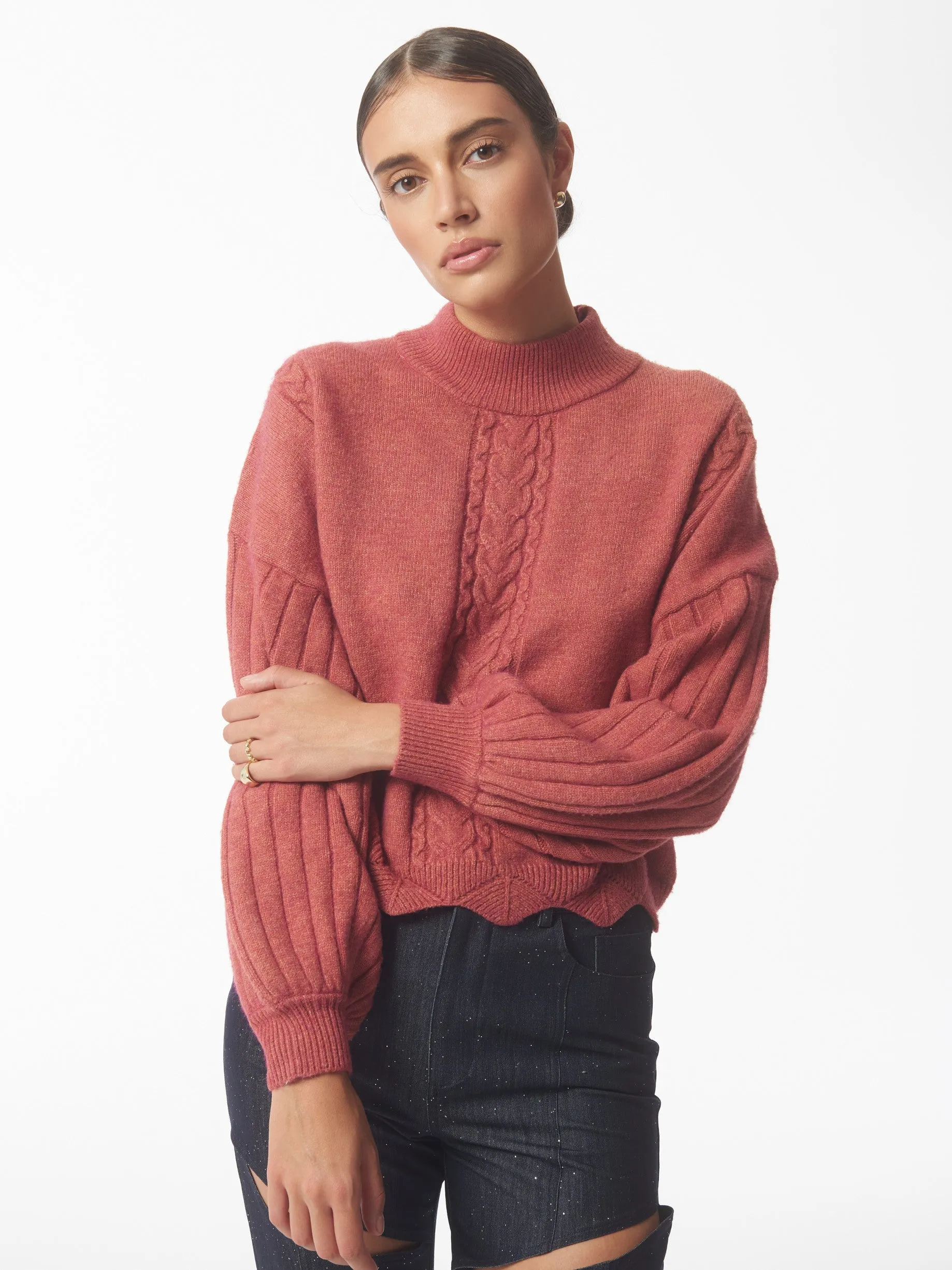 Batwing Sleeves Scallop Edge Knit Jumper in Brick Red