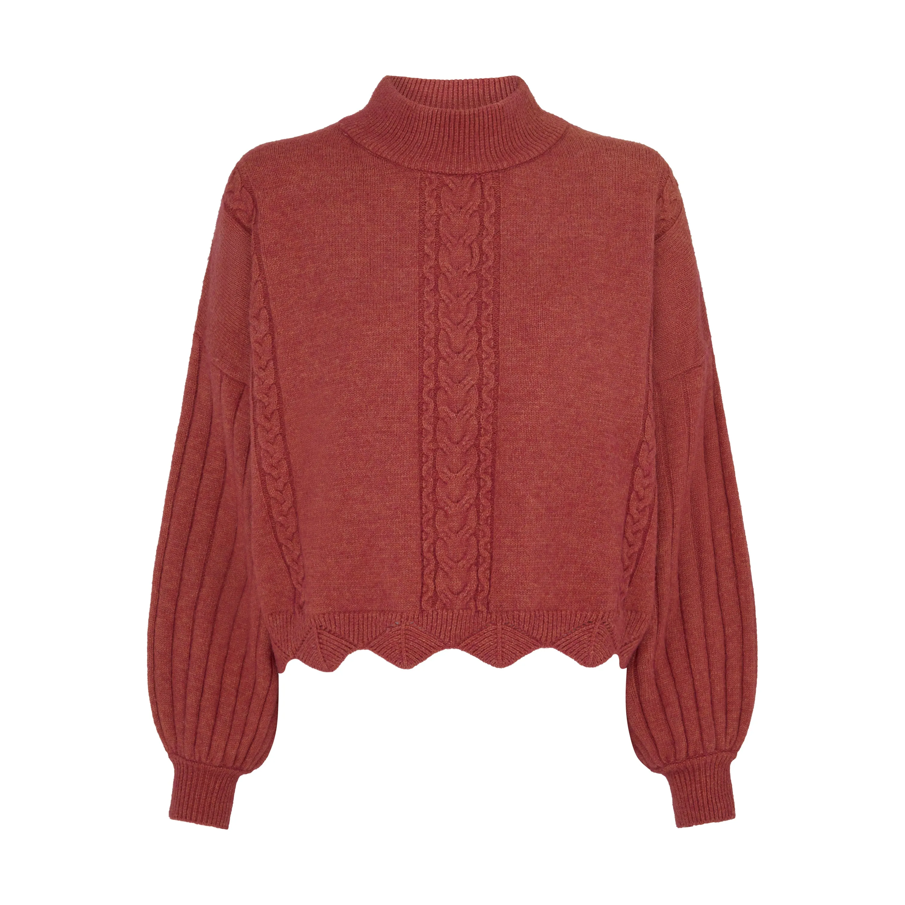 Batwing Sleeves Scallop Edge Knit Jumper in Brick Red