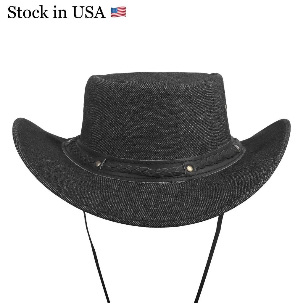 Black Denim Cowboy Western Rancher Hat With Braided Leather Hat Band