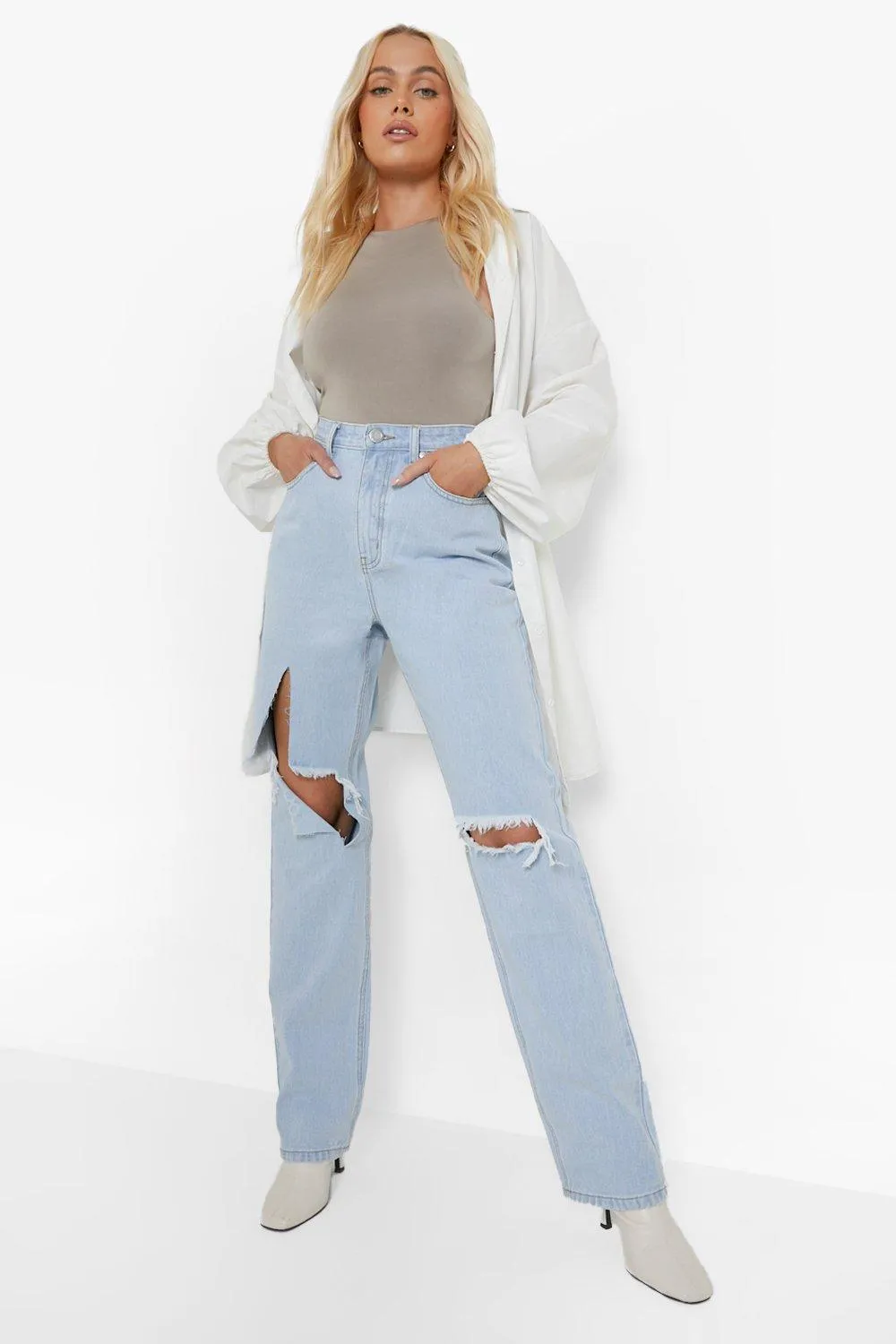 Bleach Wash Busted Boyfriend Jeans