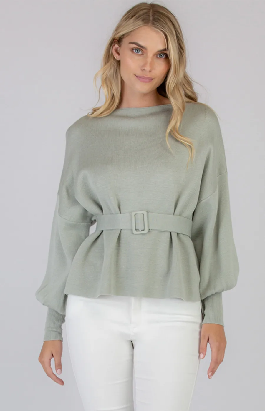 Bobble Sleeve Knit Jumper with Belt Details (SKN329)