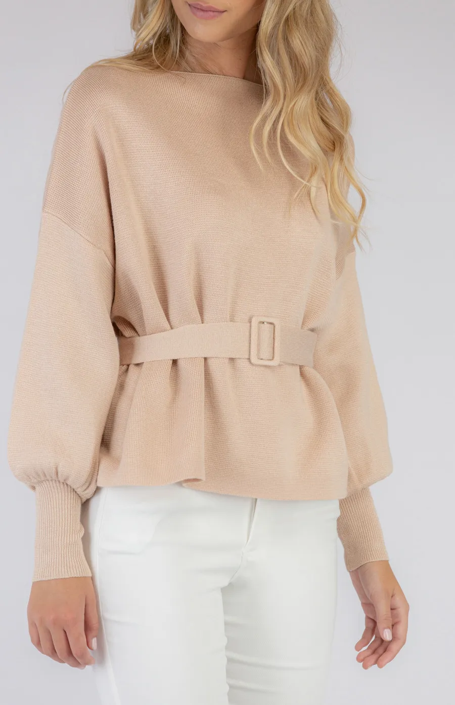 Bobble Sleeve Knit Jumper with Belt Details (SKN329)