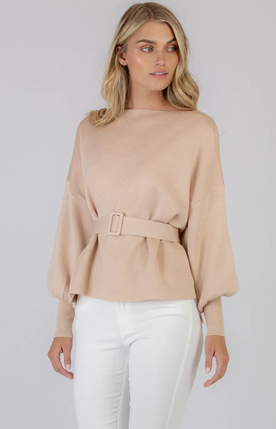 Bobble Sleeve Knit Jumper with Belt Details (SKN329)