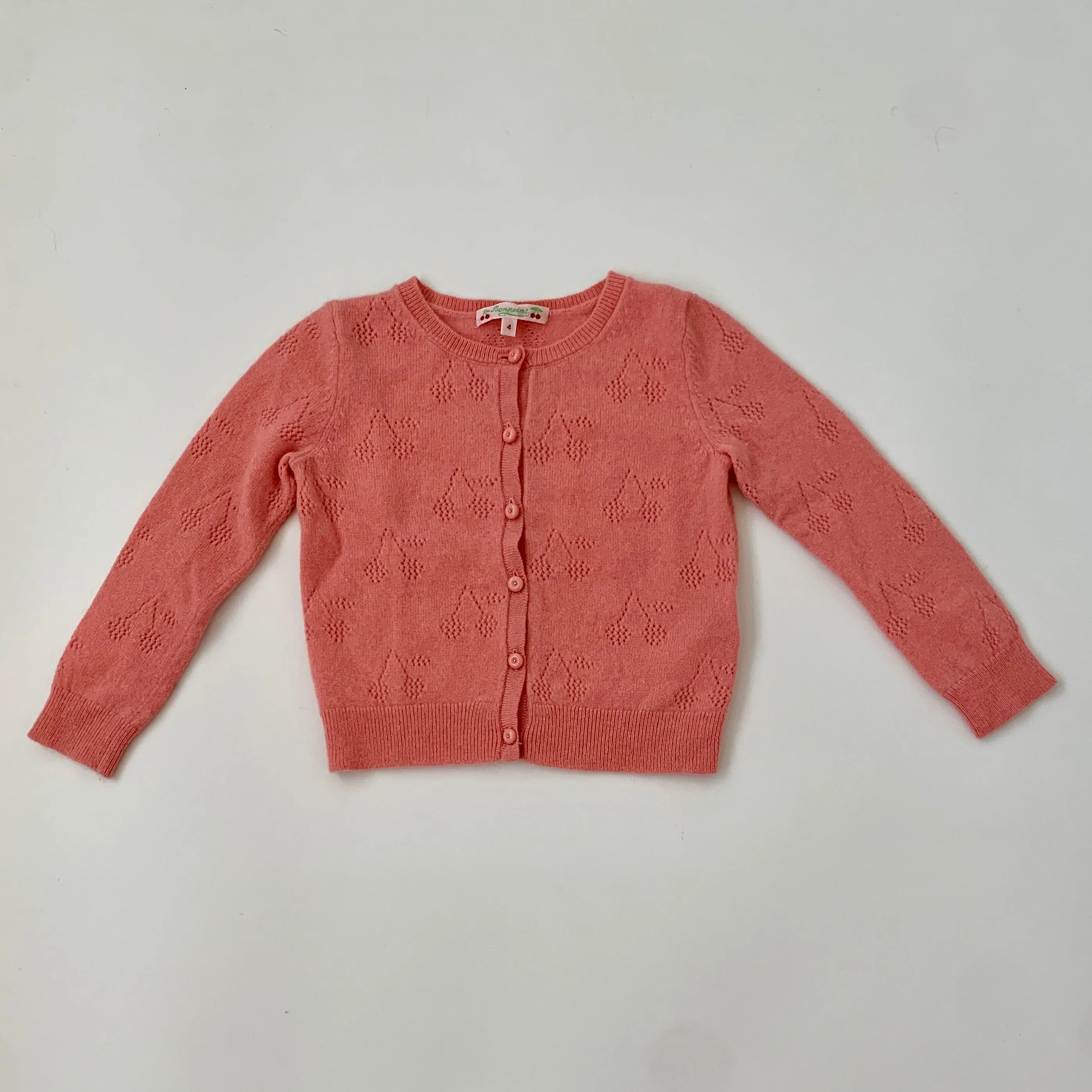 Bonpoint Candy Pink Cashmere Cherry Motif Cardigan: 4 Years