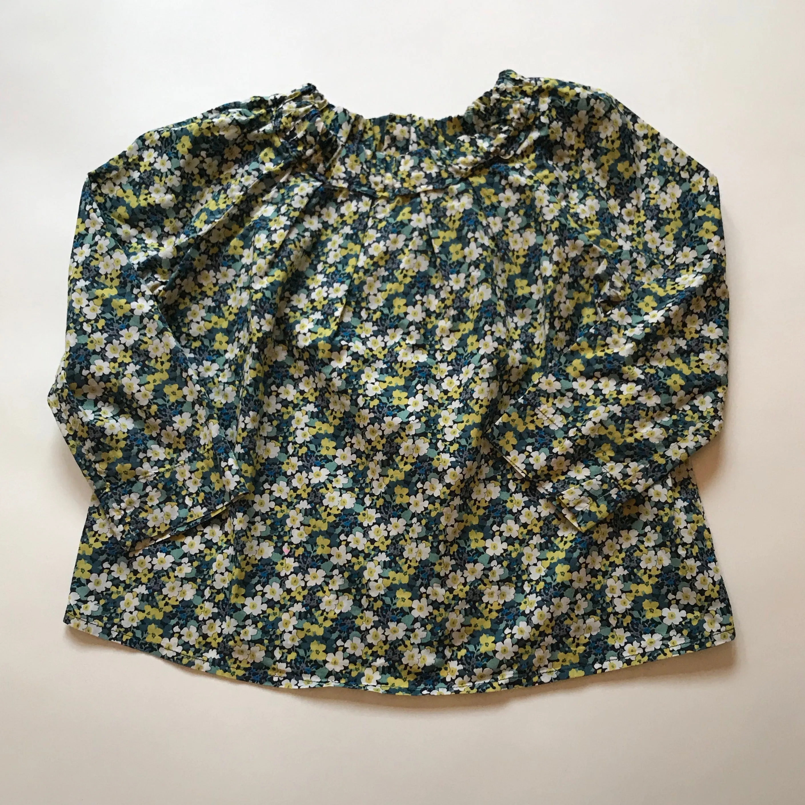 Bonpoint Green And Blue Liberty Print Blouse With Ruched Neckline: 3 Years