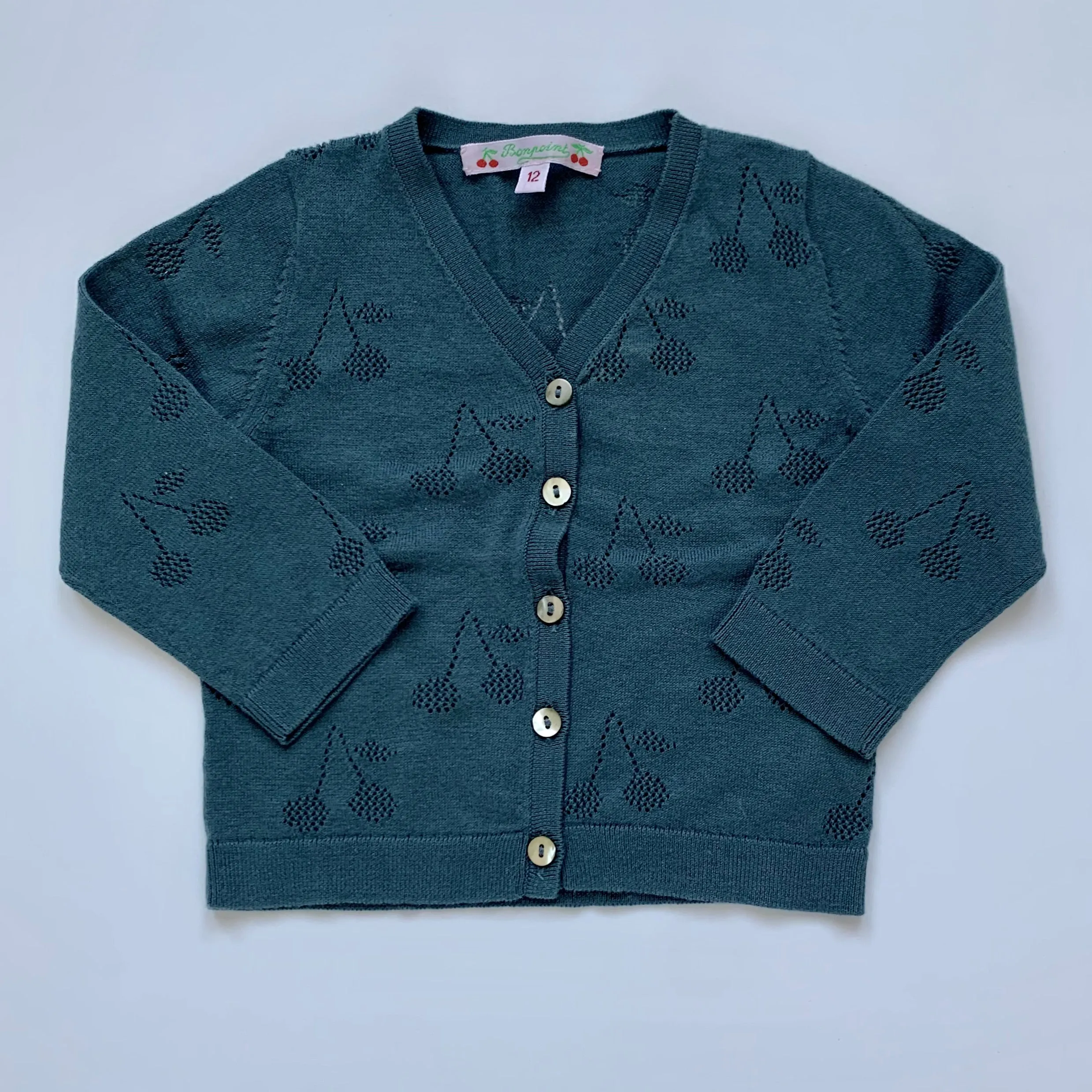 Bonpoint Teal Cherry Print Cotton Cardigan: 12 Months