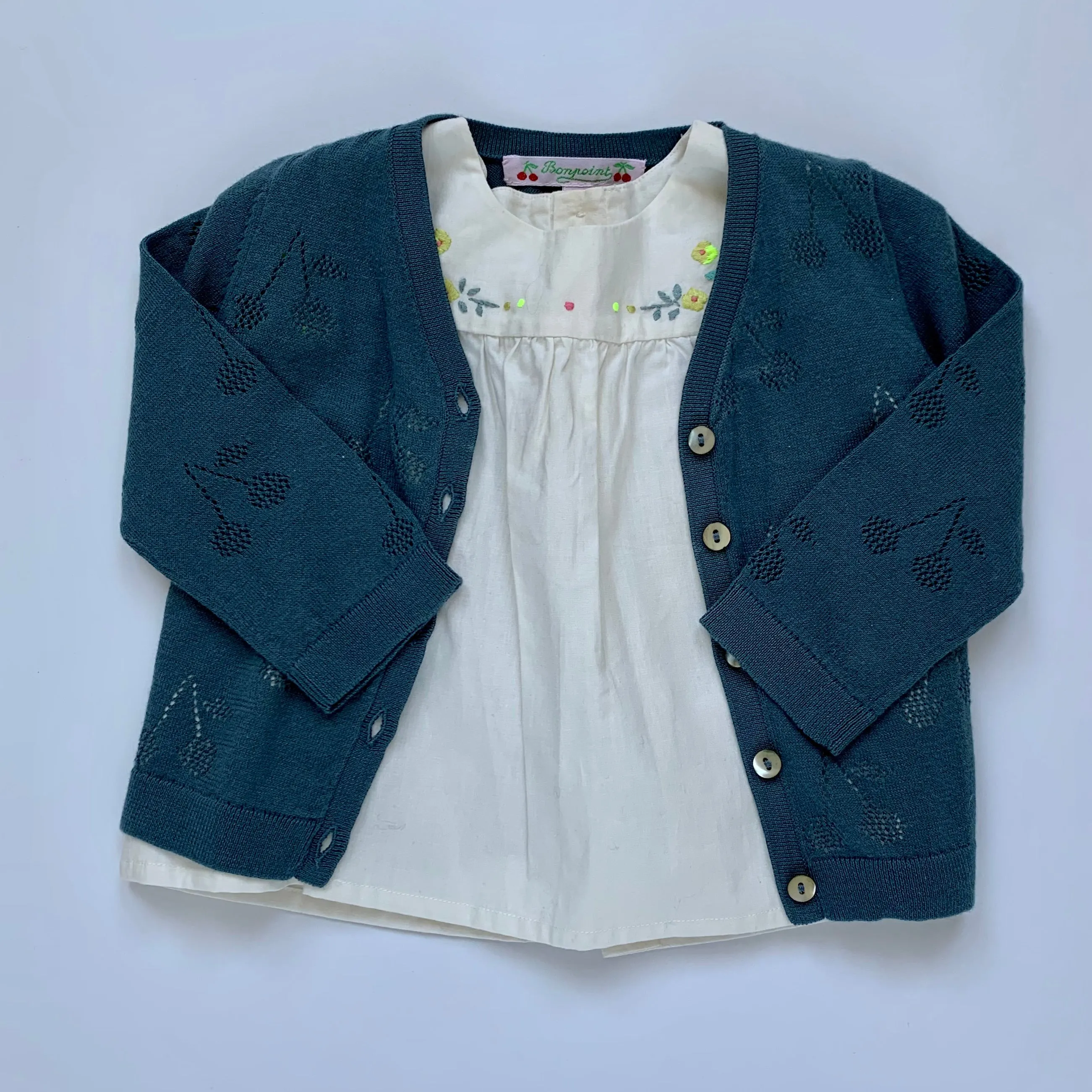 Bonpoint Teal Cherry Print Cotton Cardigan: 12 Months