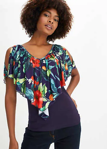 bonprix Tropical Print Ruffle Collar Top | Grattan