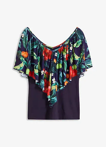 bonprix Tropical Print Ruffle Collar Top | Grattan