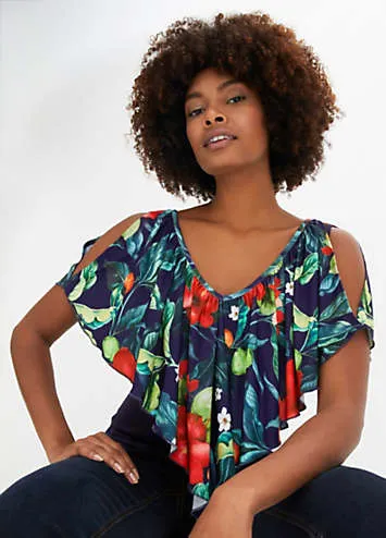 bonprix Tropical Print Ruffle Collar Top | Grattan