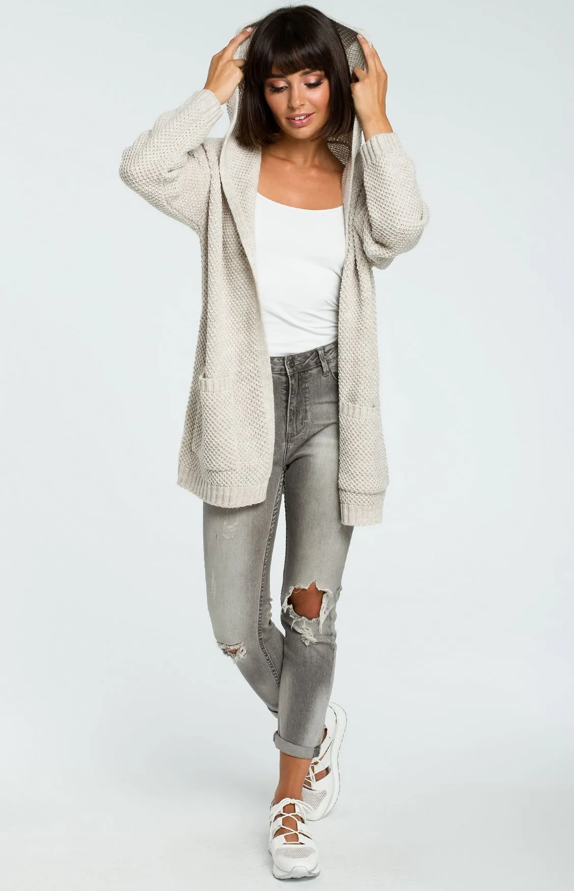 Cardigan long à capuche beige