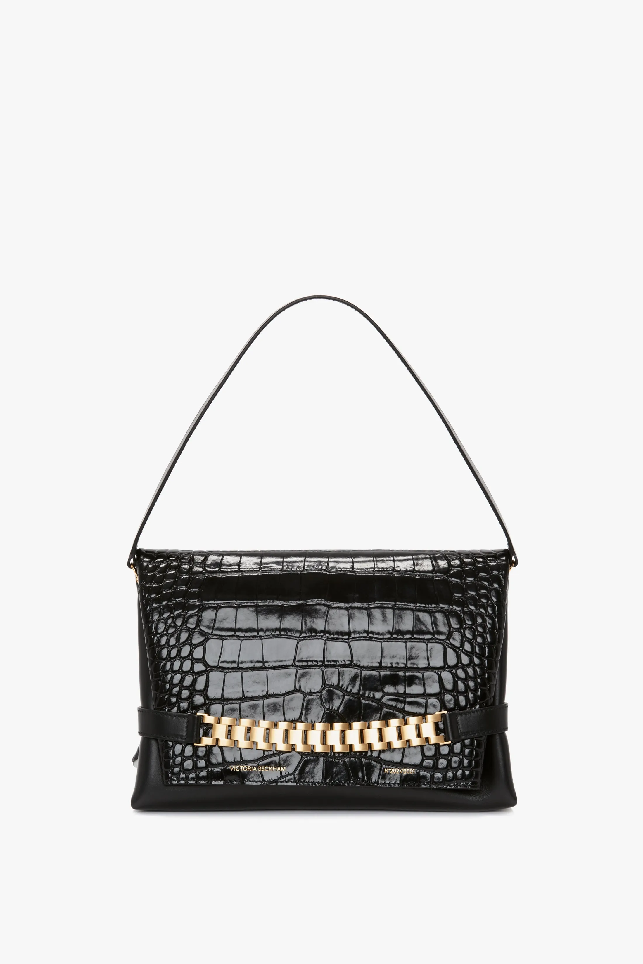 Chain Pouch Bag With Strap In Black Croc Embossed Leather