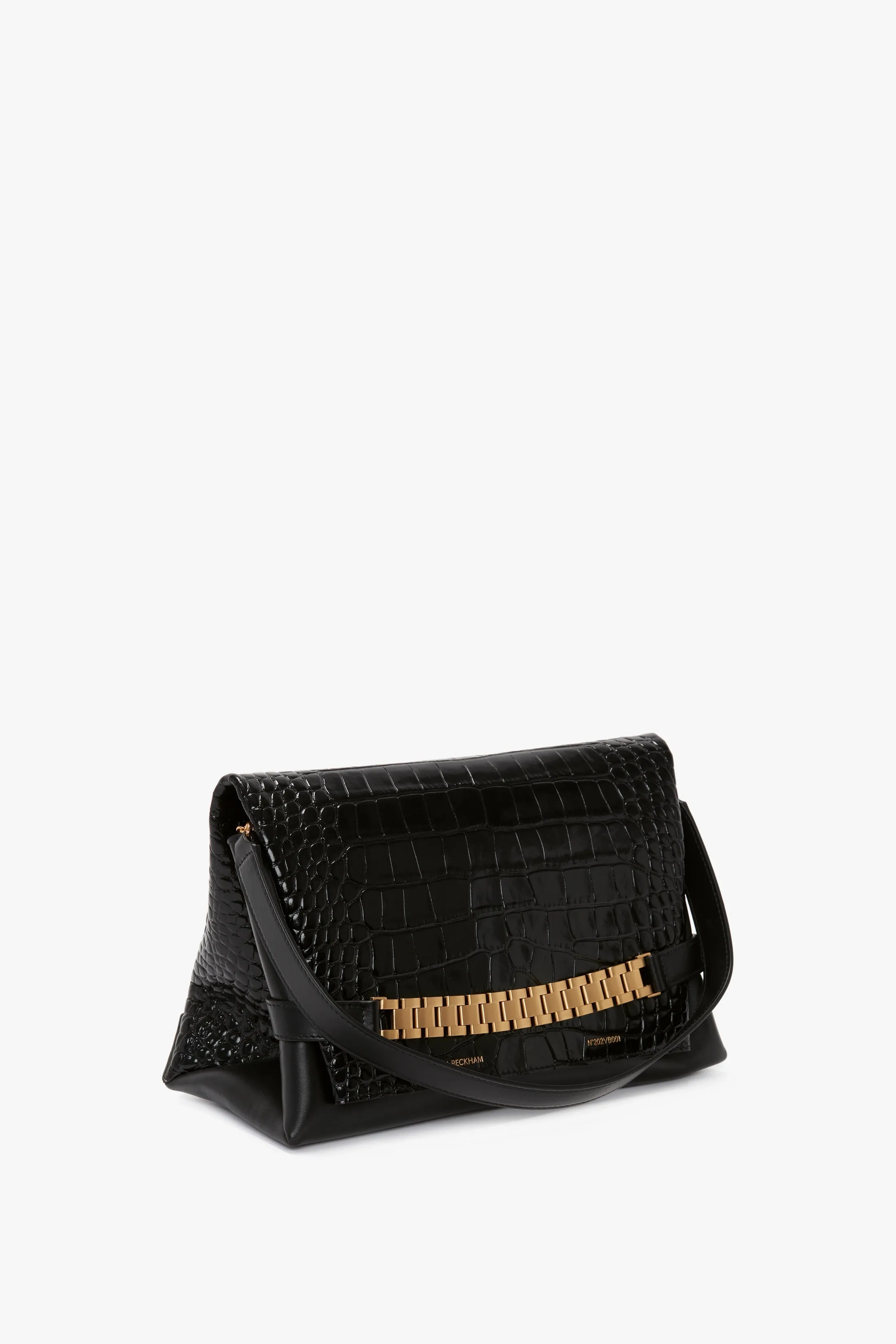 Chain Pouch Bag With Strap In Black Croc Embossed Leather