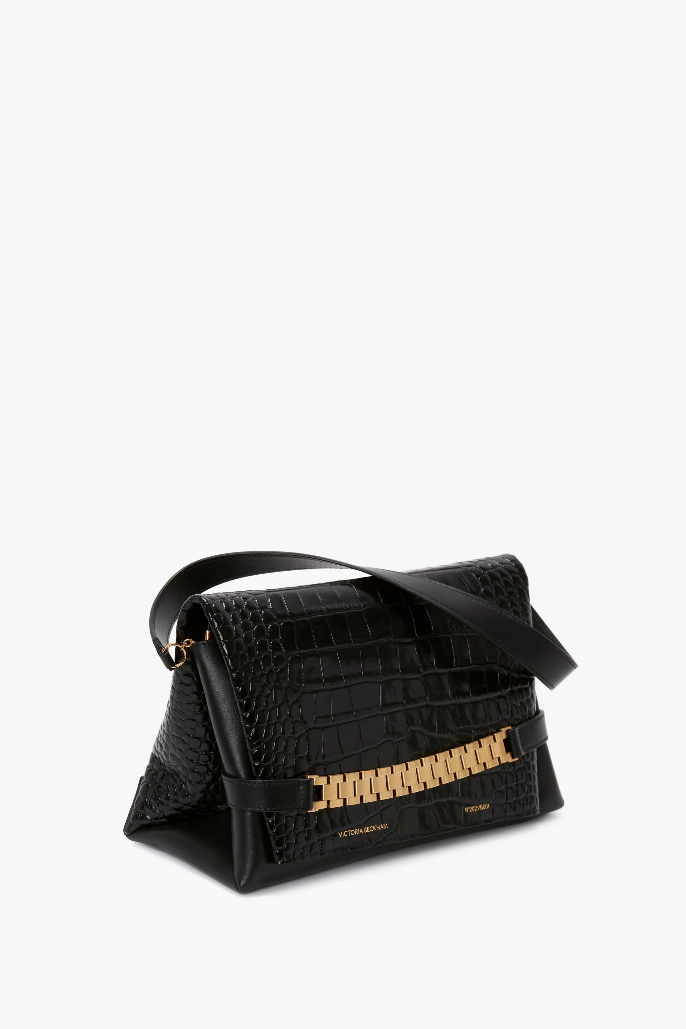 Chain Pouch Bag With Strap In Black Croc Embossed Leather