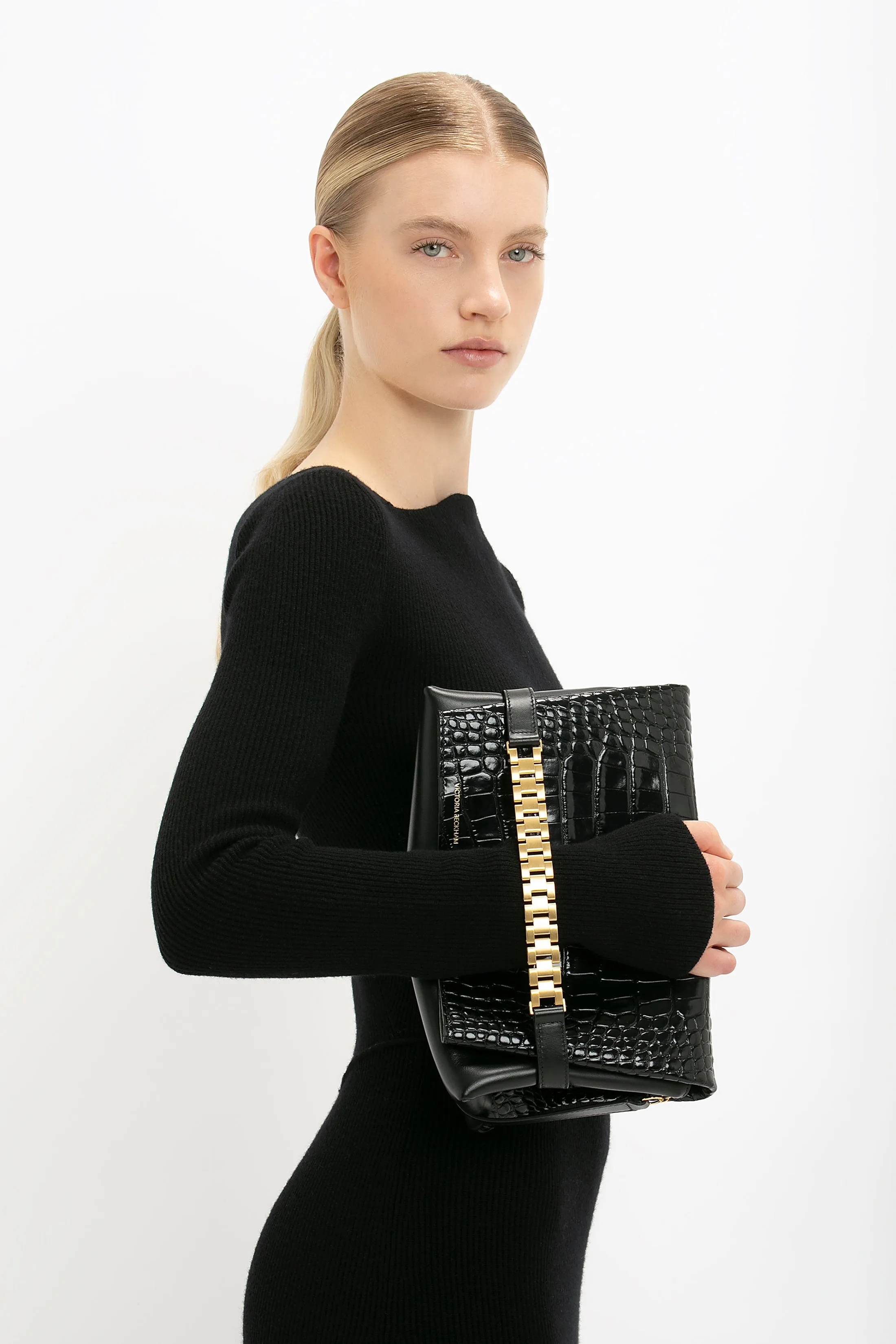 Chain Pouch Bag With Strap In Black Croc Embossed Leather