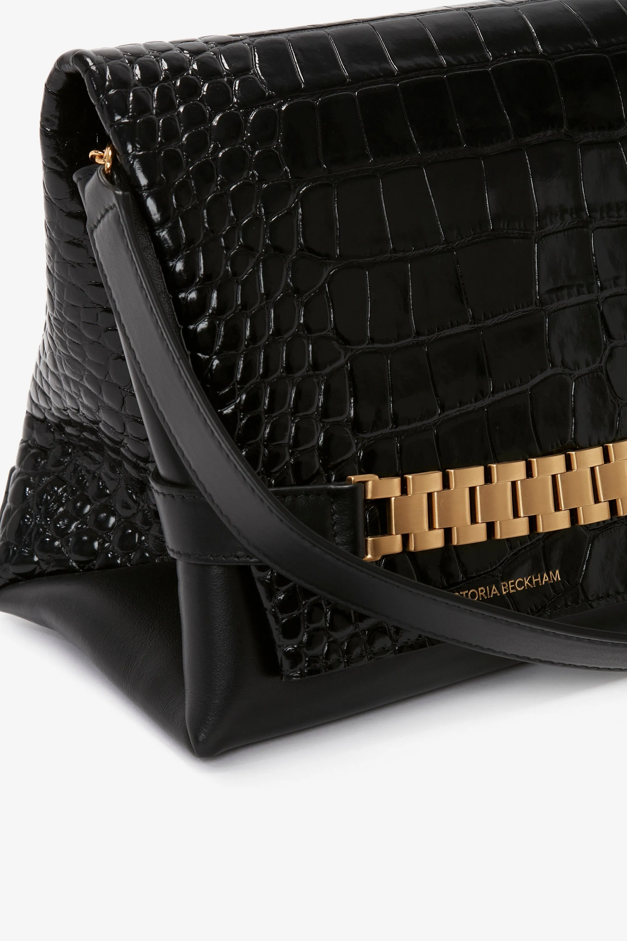 Chain Pouch Bag With Strap In Black Croc Embossed Leather