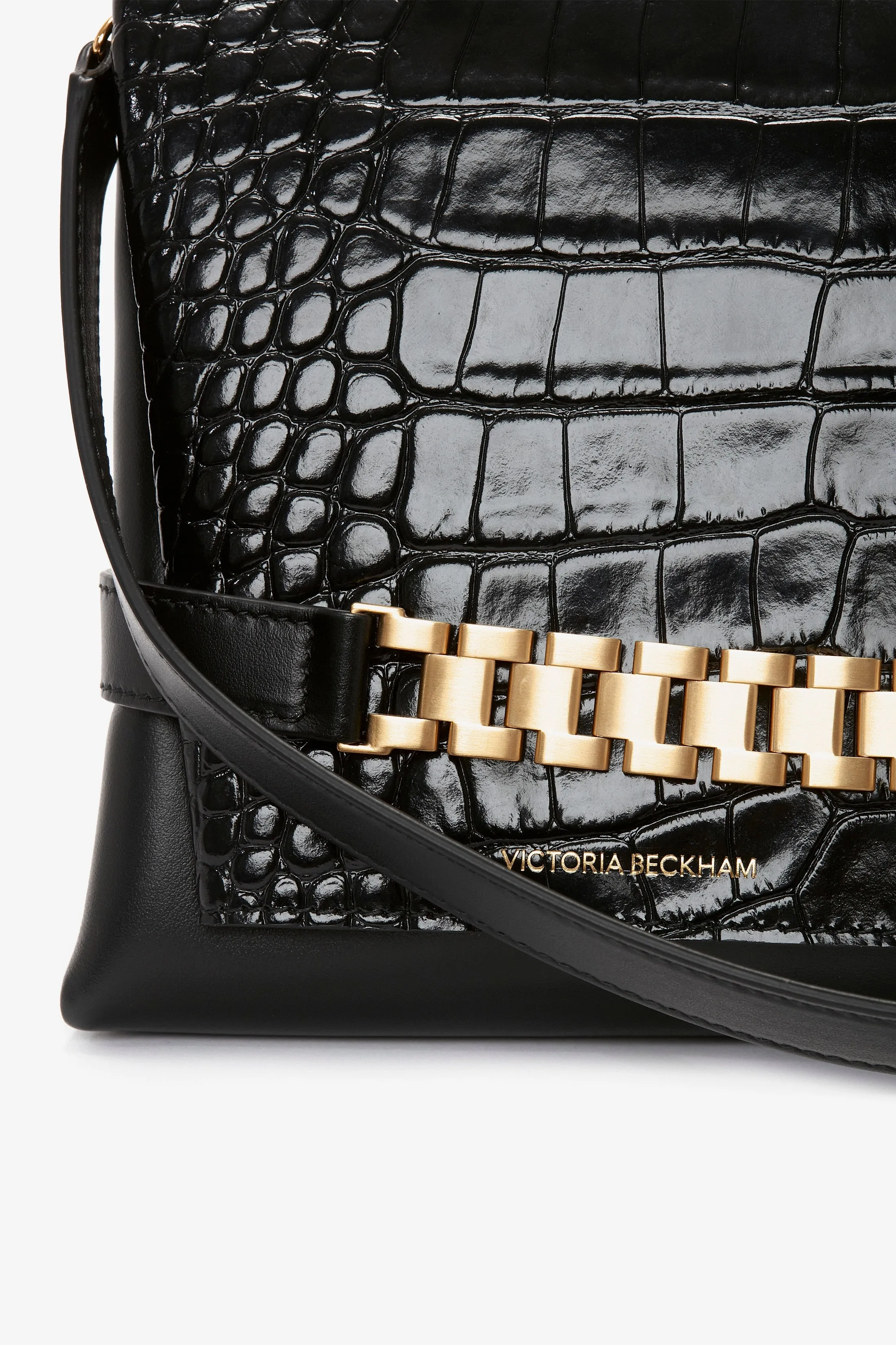 Chain Pouch Bag With Strap In Black Croc Embossed Leather