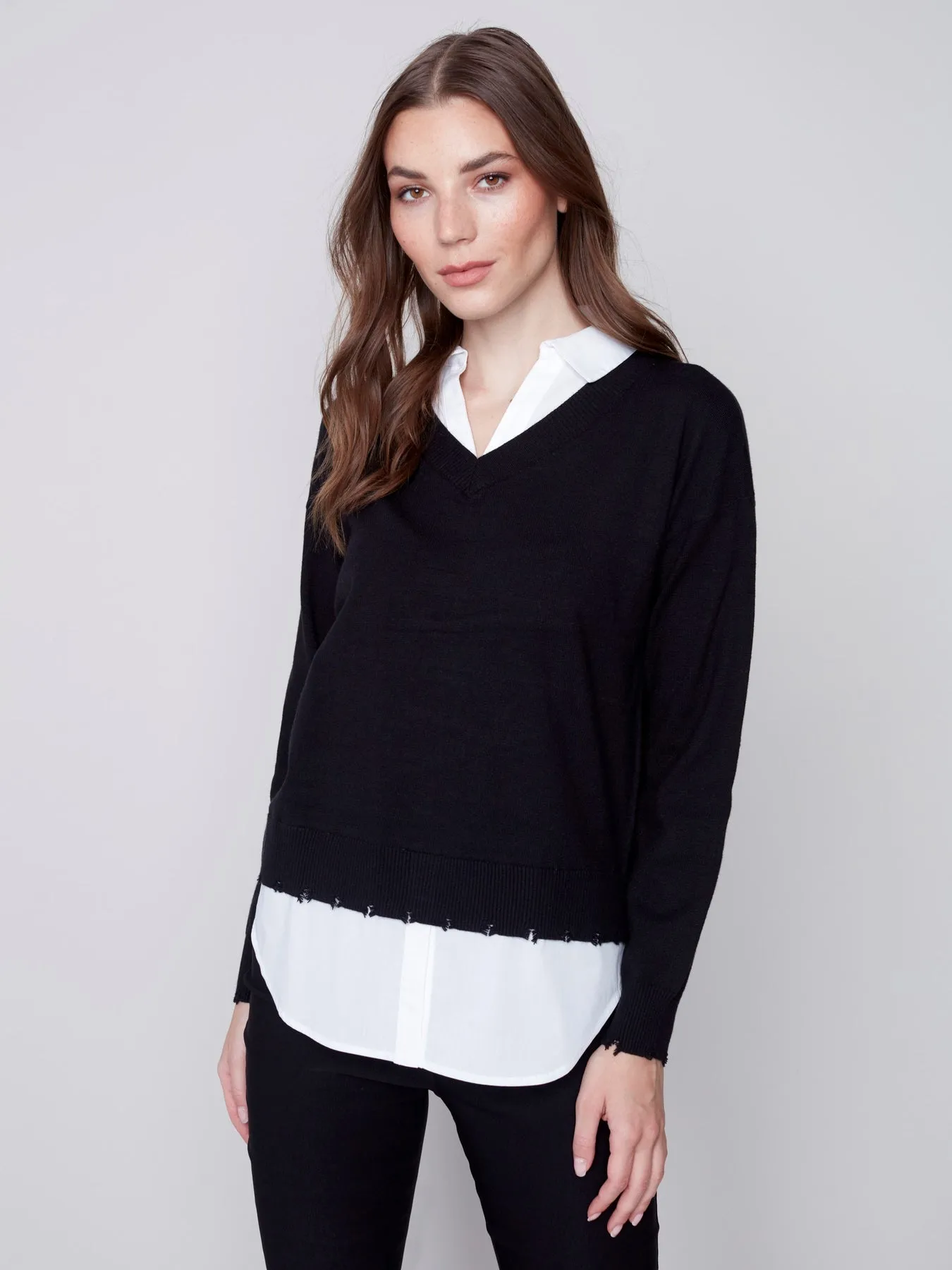 Charlie B V-Neck Sweater with Shirt Collar