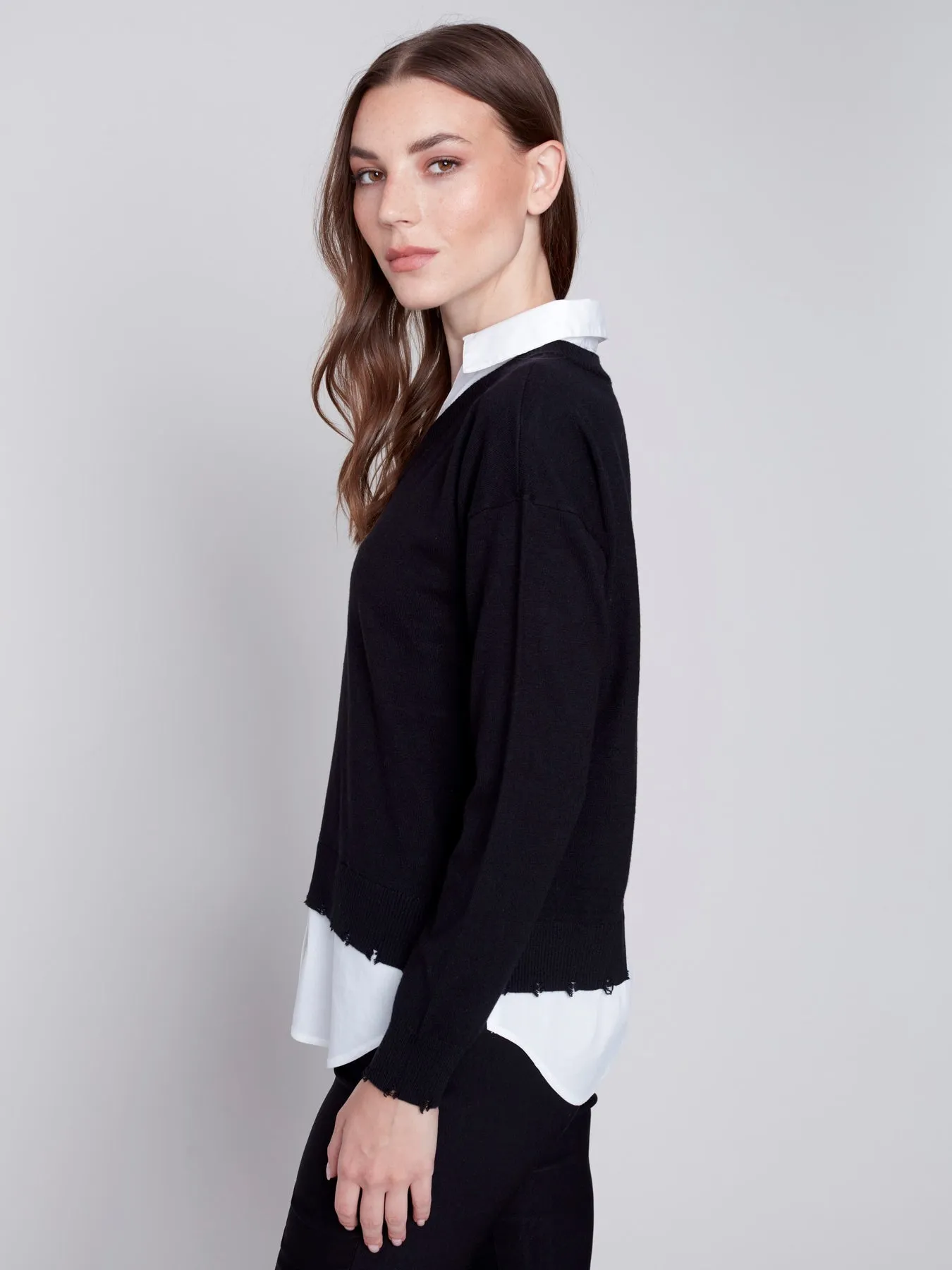 Charlie B V-Neck Sweater with Shirt Collar