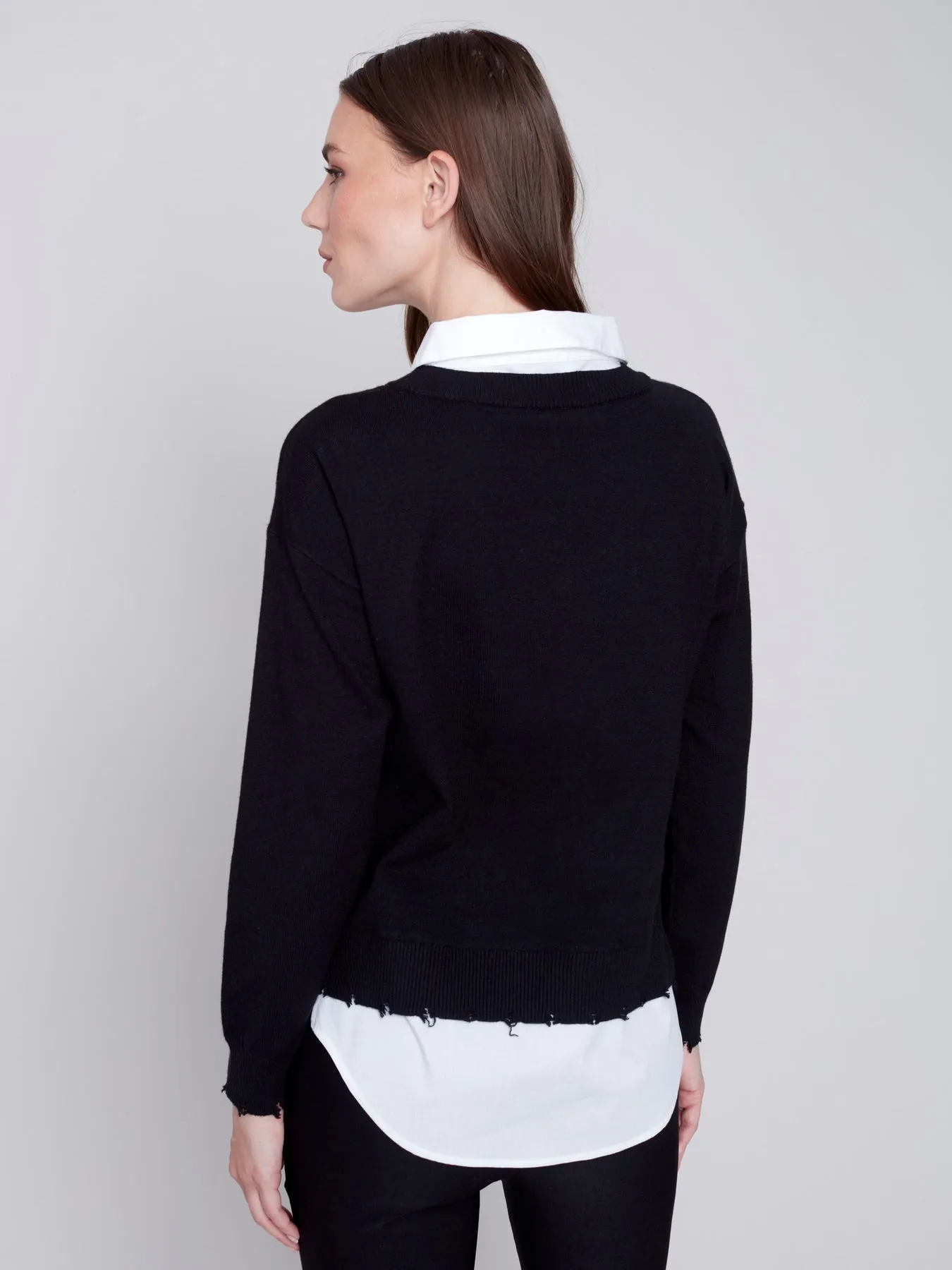 Charlie B V-Neck Sweater with Shirt Collar