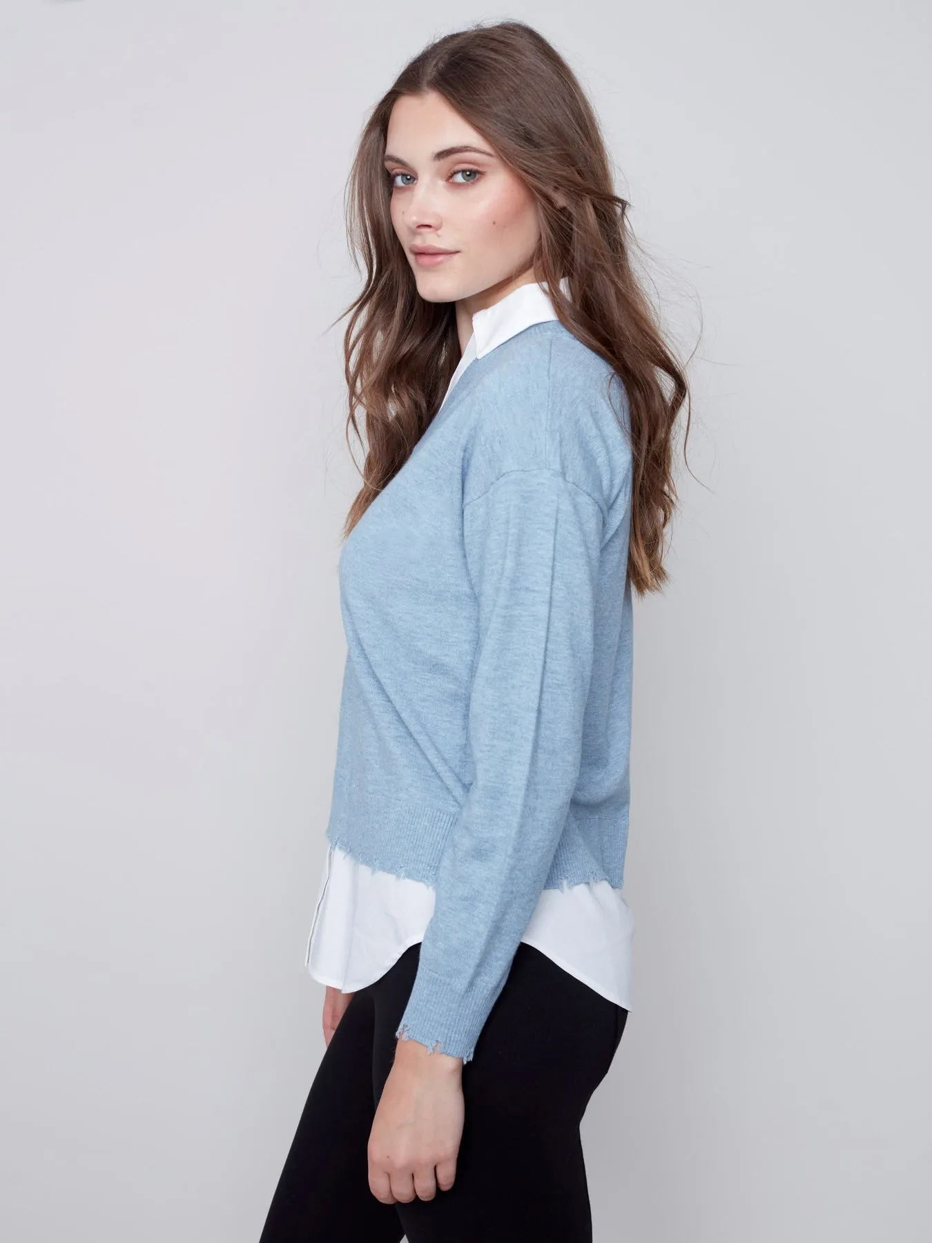 Charlie B V-Neck Sweater with Shirt Collar