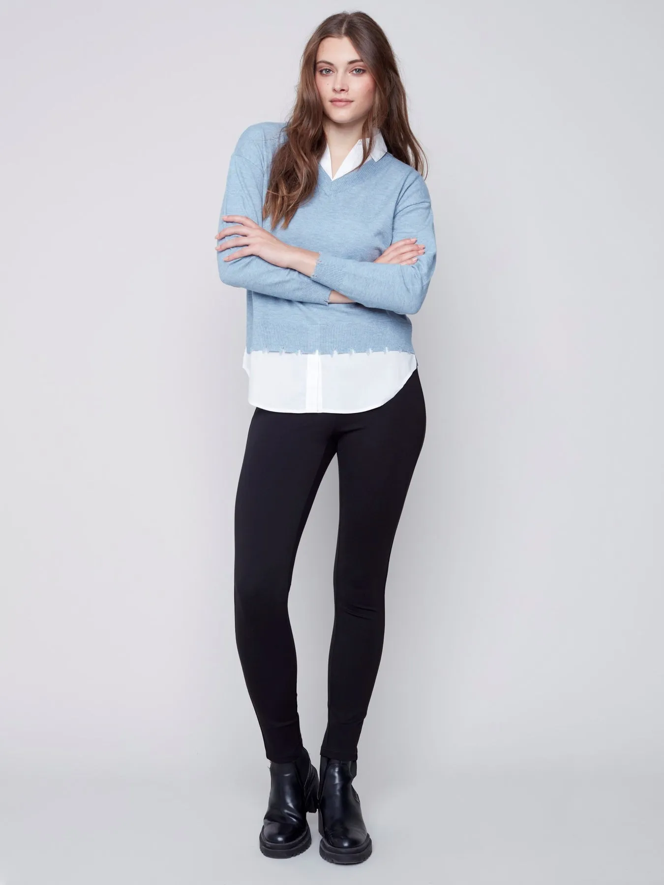 Charlie B V-Neck Sweater with Shirt Collar