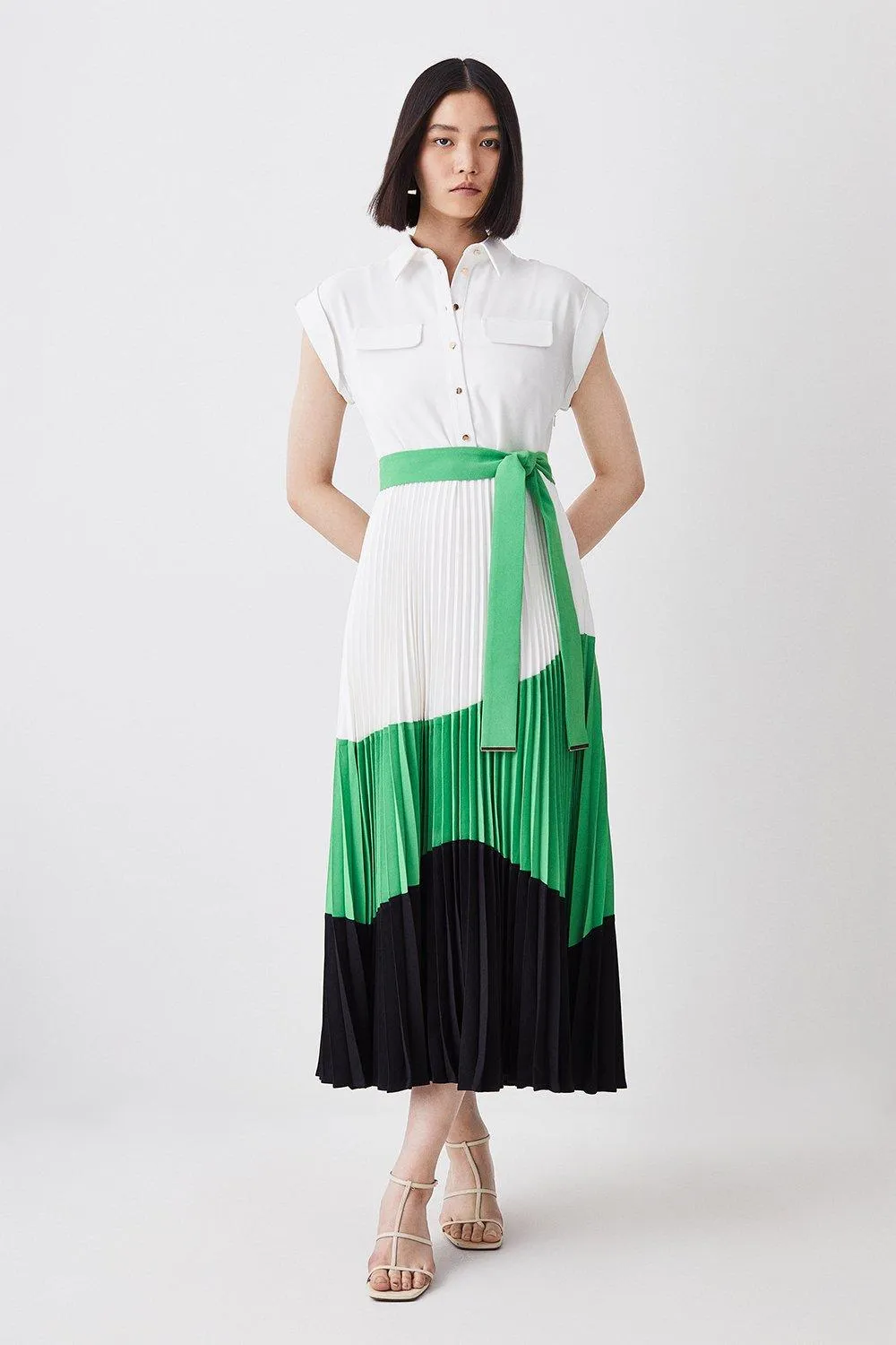 Colour Block Pleated Woven Midi Shirt Dress | Karen Millen