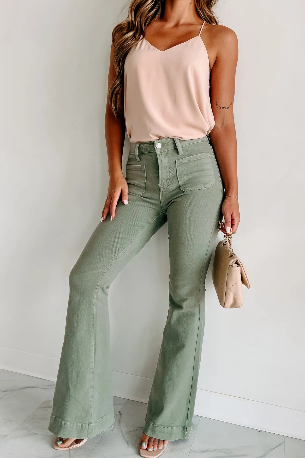 Colton Non-Distressed High Rise Risen Flare Jeans (Olive)