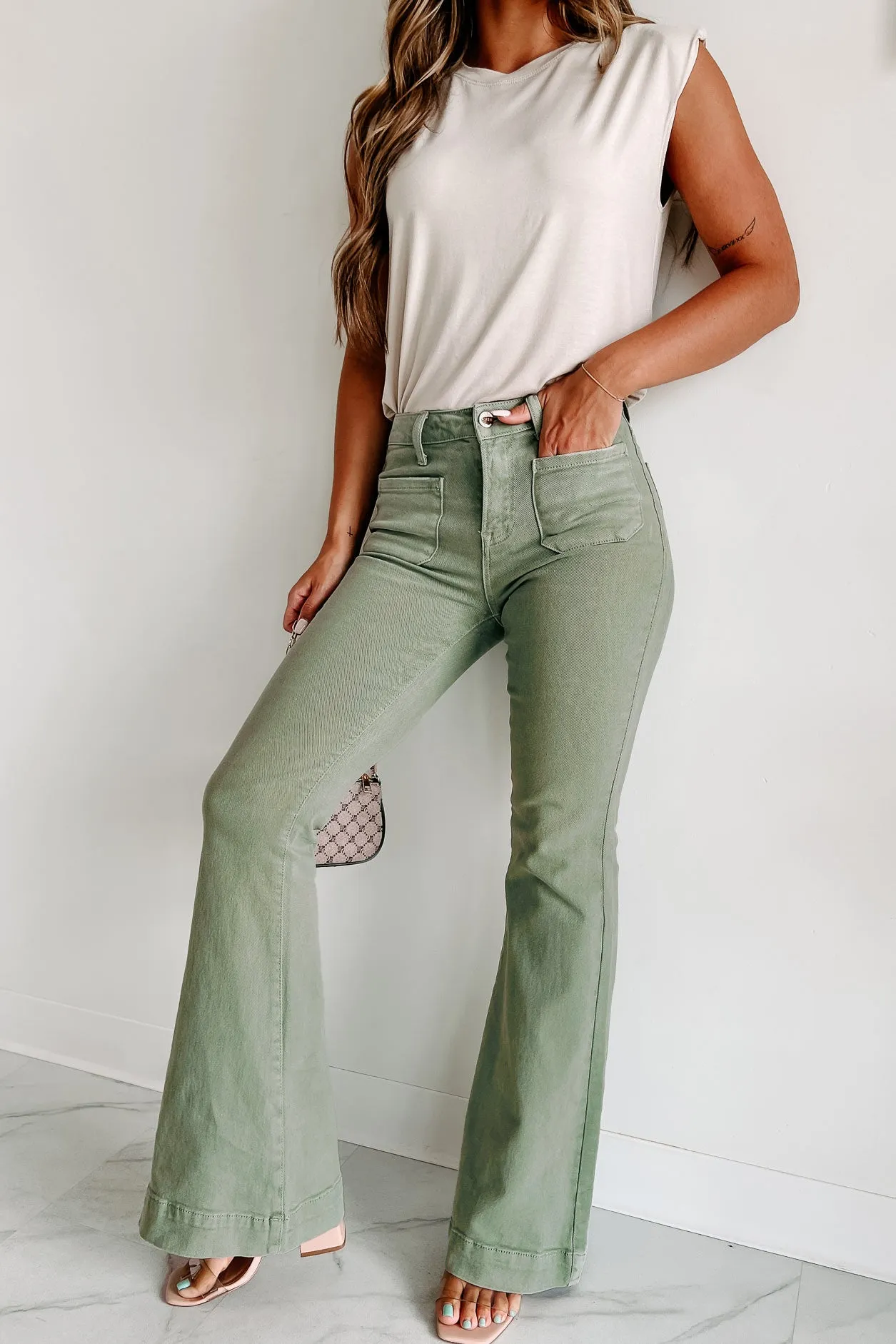 Colton Non-Distressed High Rise Risen Flare Jeans (Olive)