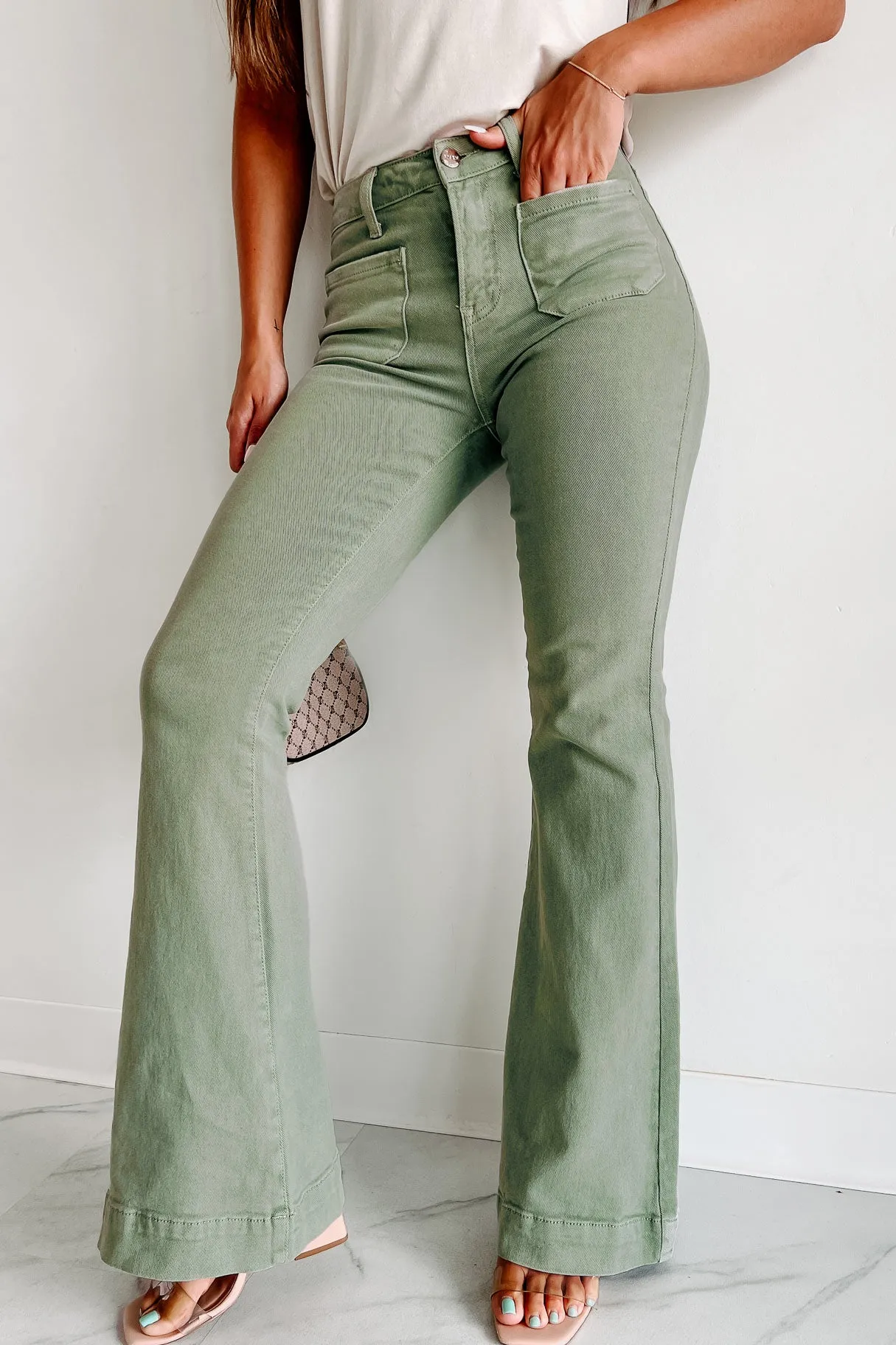 Colton Non-Distressed High Rise Risen Flare Jeans (Olive)