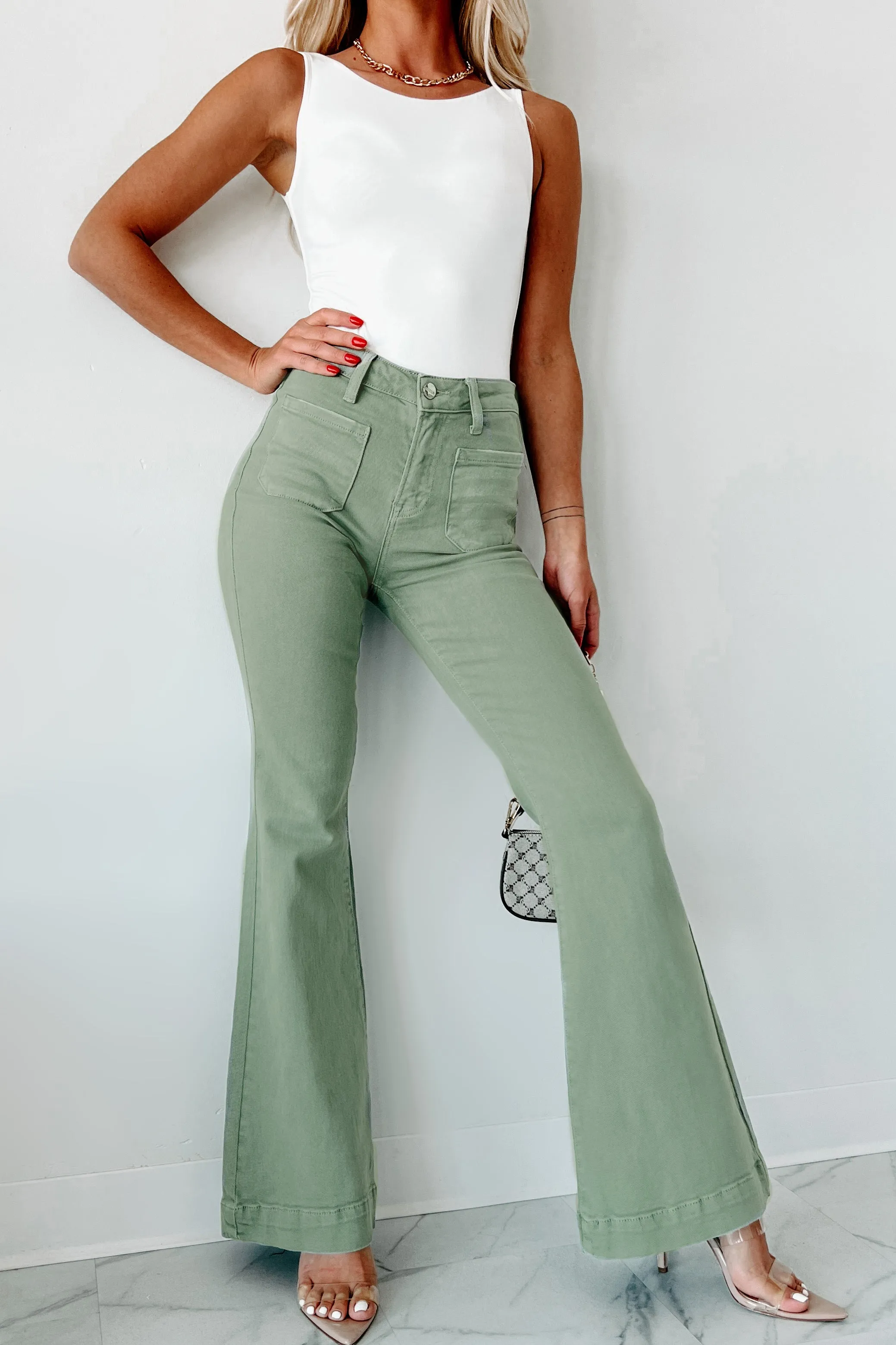 Colton Non-Distressed High Rise Risen Flare Jeans (Olive)