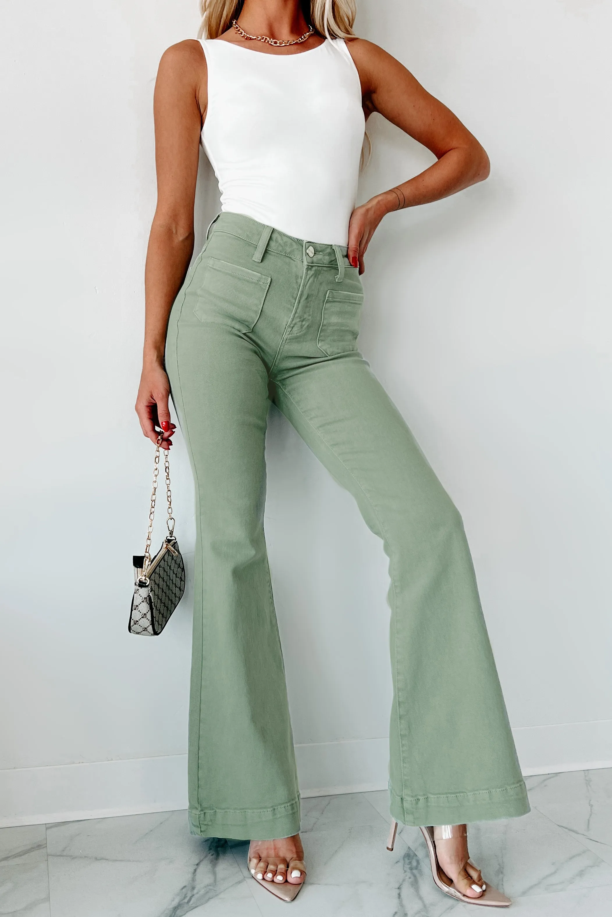 Colton Non-Distressed High Rise Risen Flare Jeans (Olive)