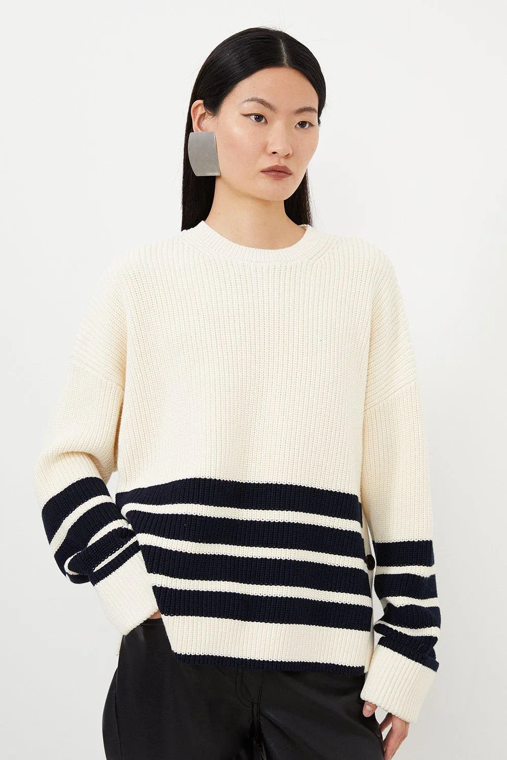 Cotton Knit Relaxed Stripe Jumper With Buttoned Splits | Karen Millen