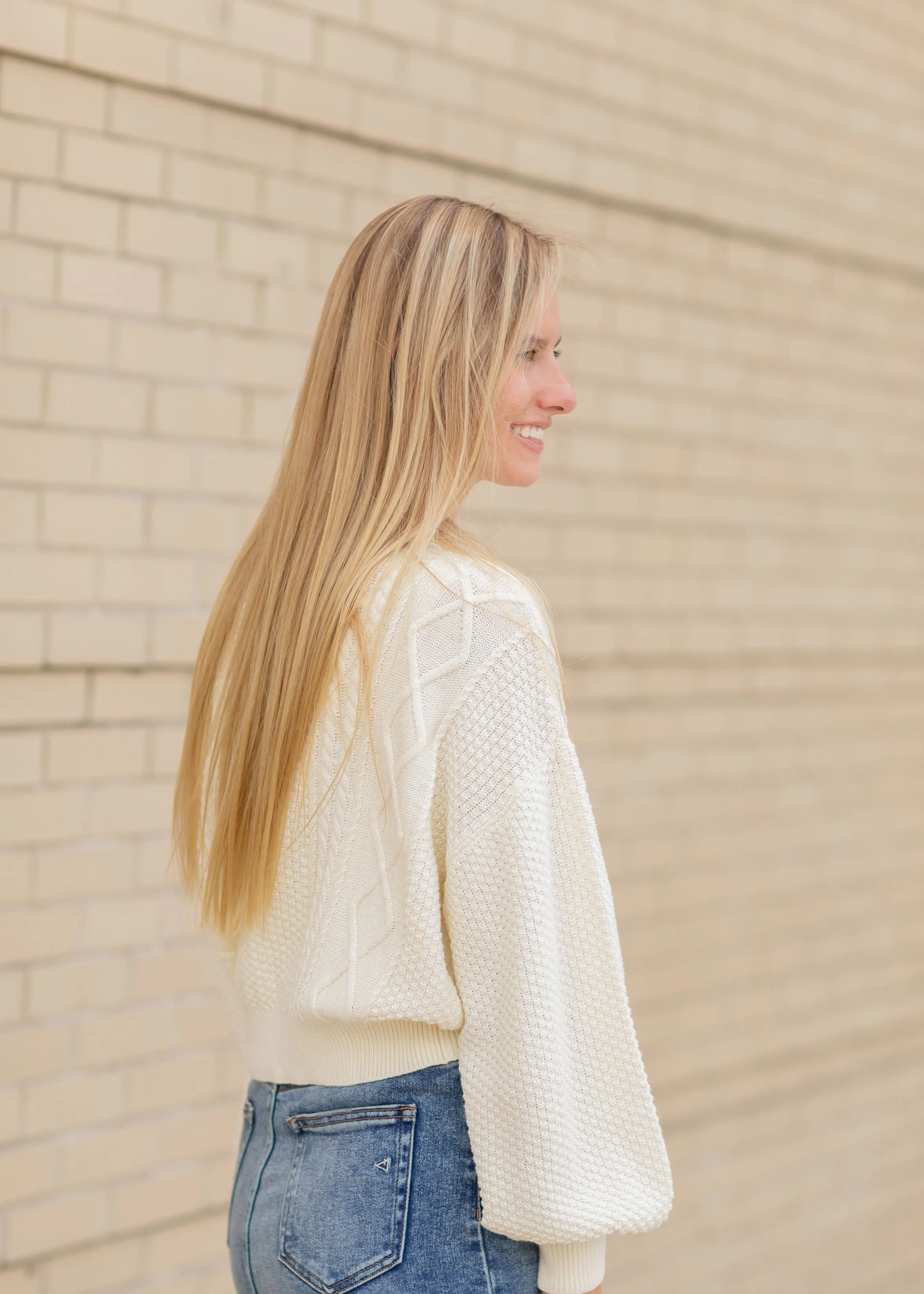 Cream Balloon Sleeve Textured Sweater - FINAL SALE