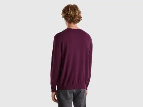 Crew neck sweater in lightweight cotton blend - Plum | Benetton