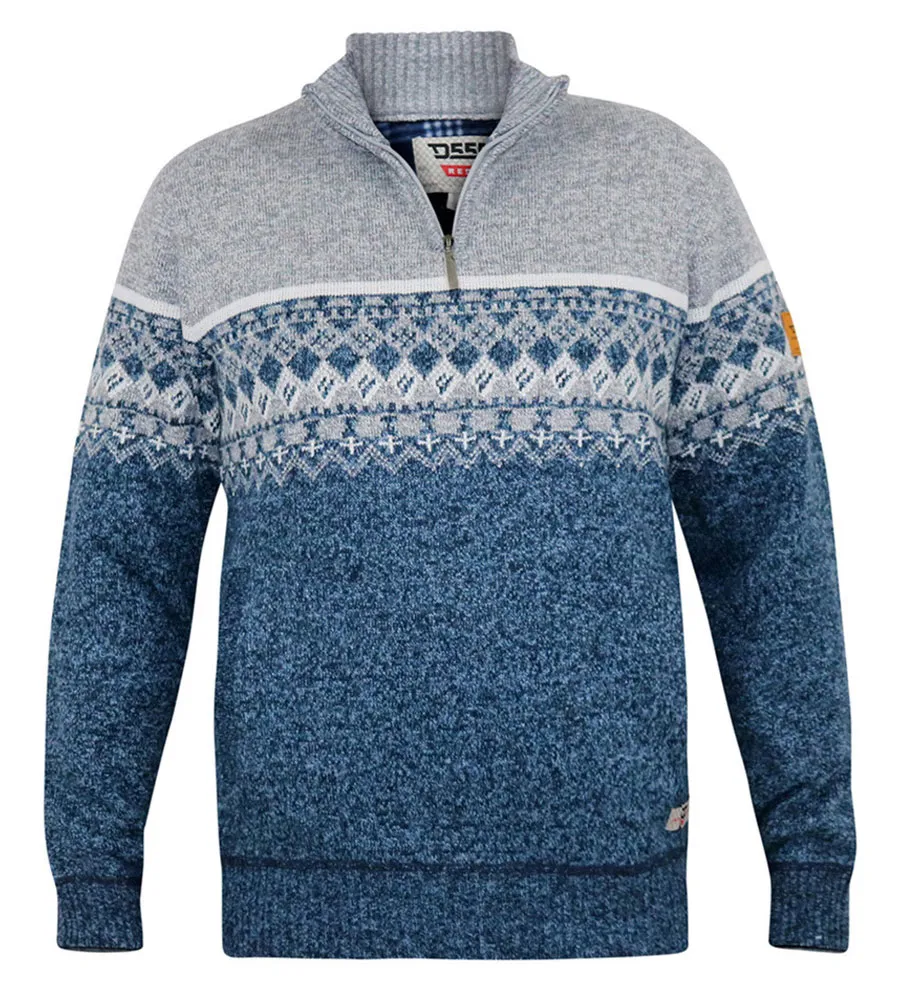 D555 Mens Fairisle Knitted Jumper With 1/4 Zip and Lining (RUDDINGTON)