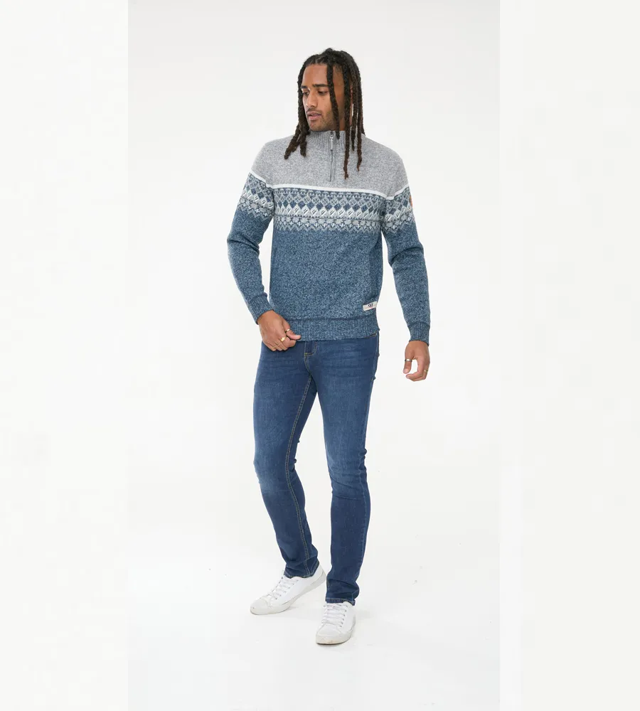 D555 Mens Fairisle Knitted Jumper With 1/4 Zip and Lining (RUDDINGTON)